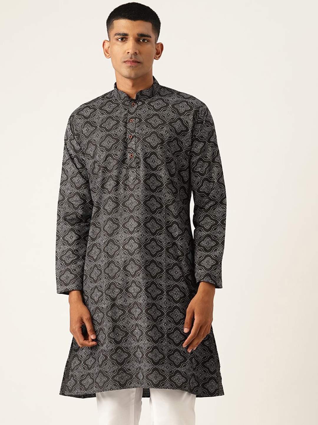 

Armaan Ethnic Block Printed Mandarin Collar Cotton Linen Straight Kurta, Black