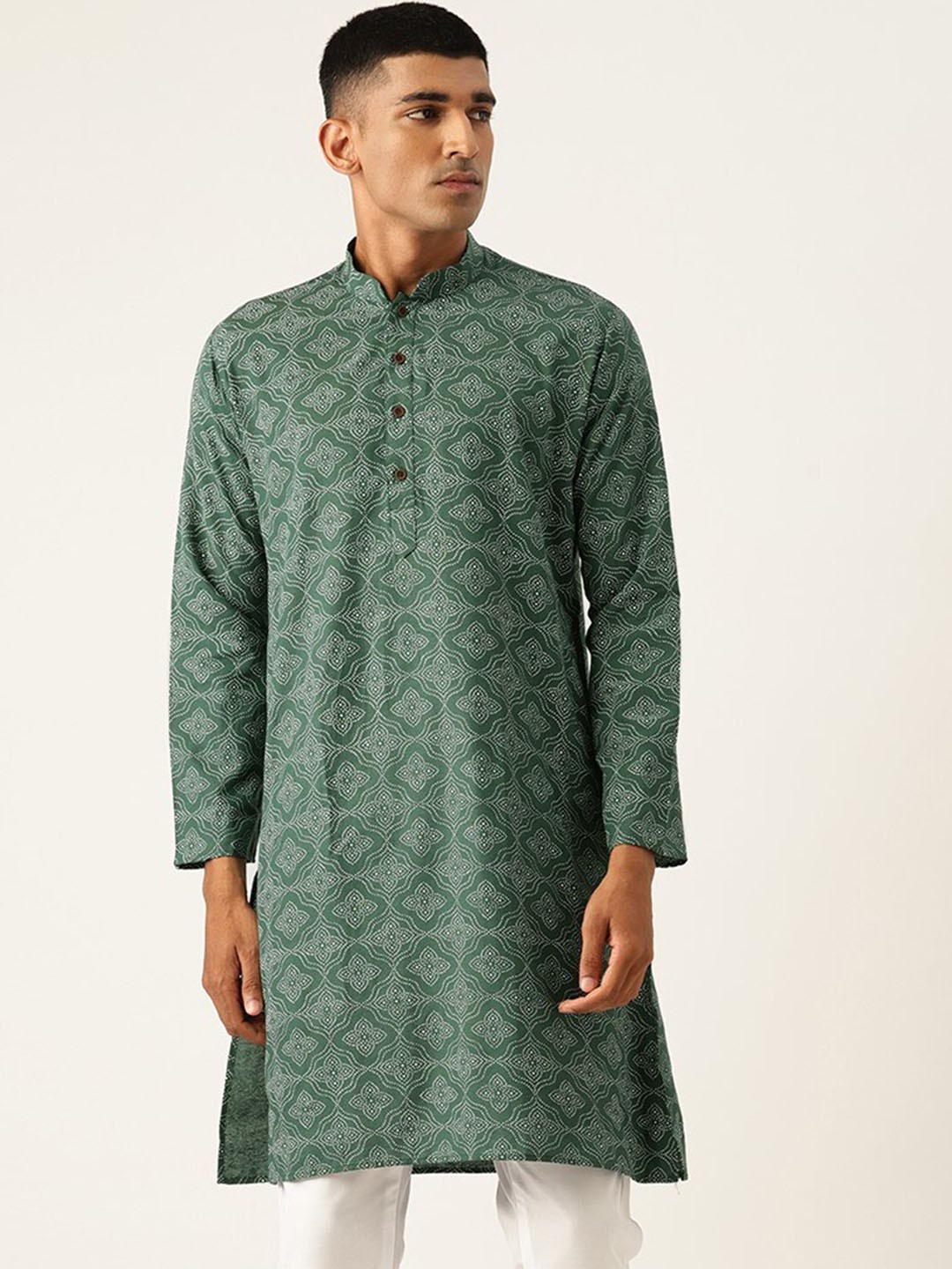 

Armaan Ethnic Block Printed Mandarin Collar Cotton Linen Straight Kurta, Green