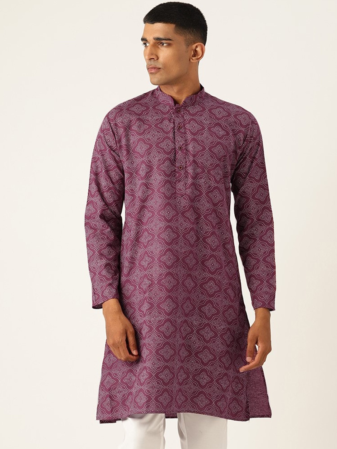 

Armaan Ethnic Block Printed Mandarin Collar Cotton Linen Straight Kurta, Purple