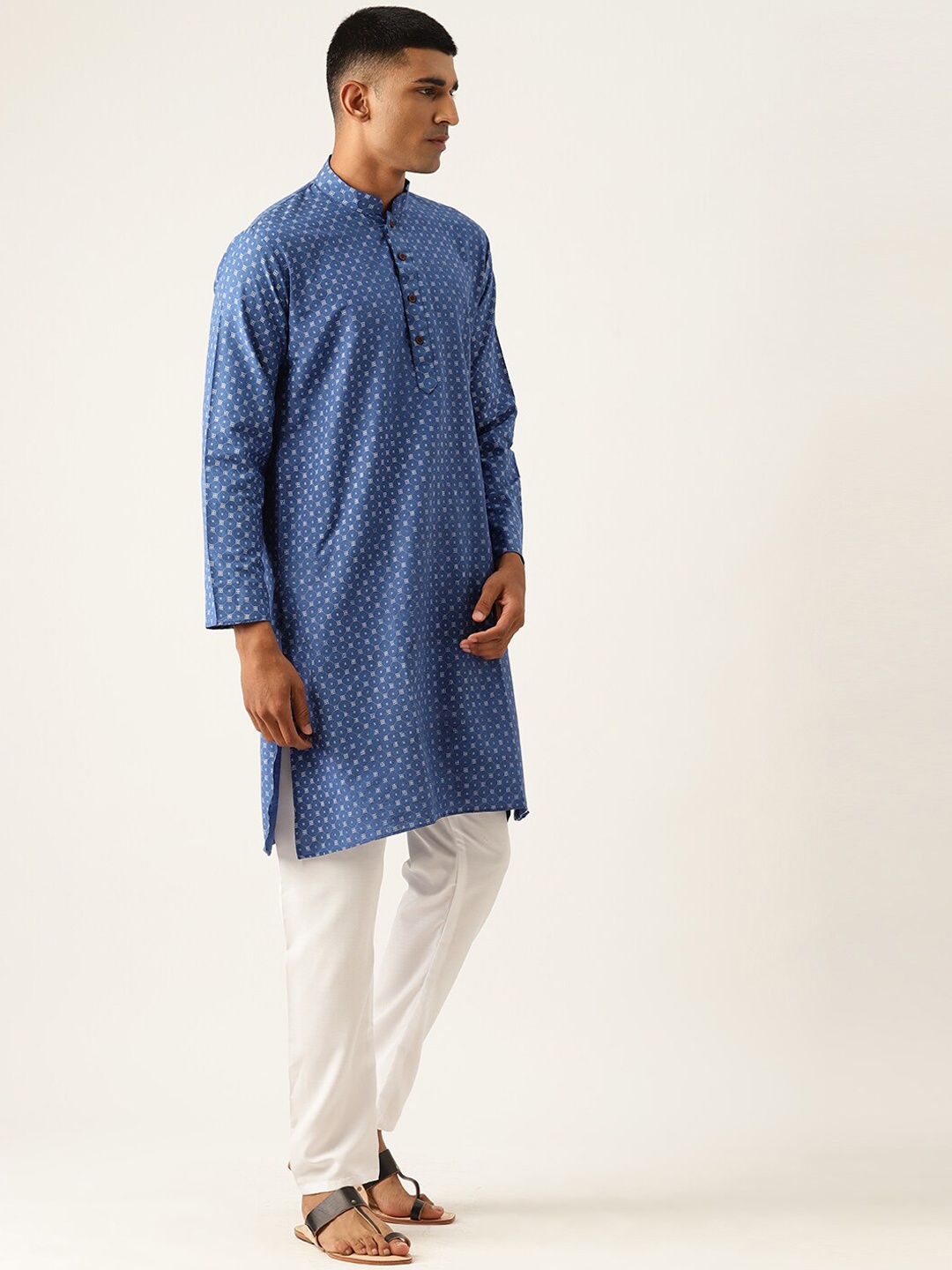 

Armaan Ethnic Block Printed Mandarin Collar Cotton Linen Straight Kurta, Blue