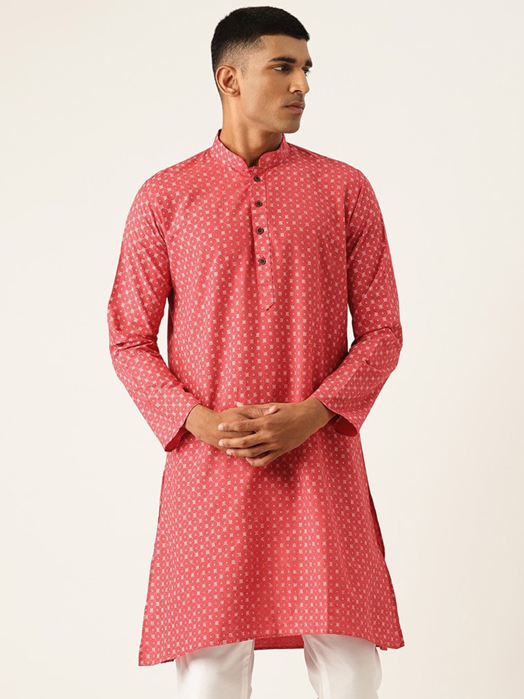 

Armaan Ethnic Block Printed Mandarin Collar Cotton Linen Straight Kurta, Red