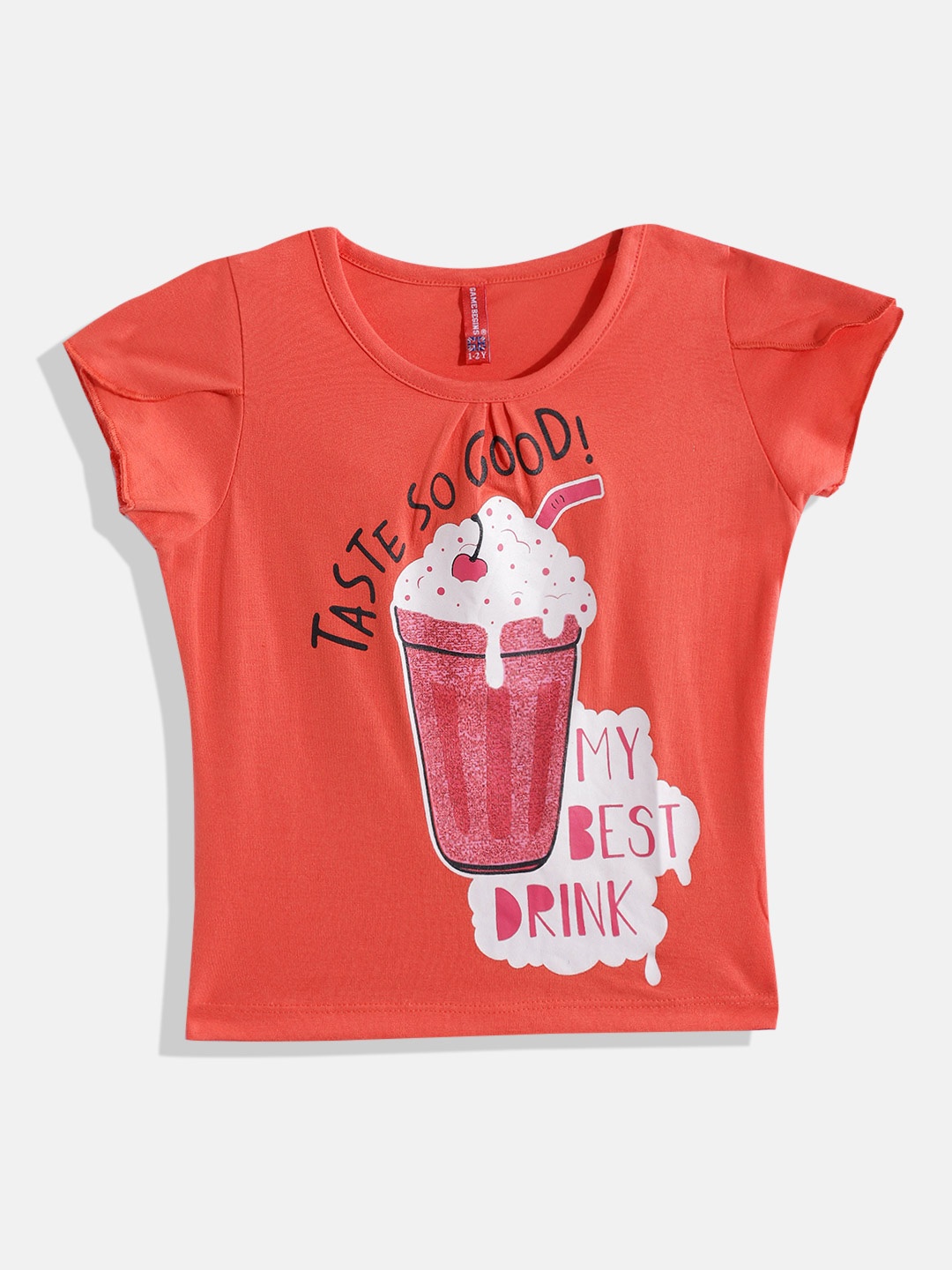 

GAME BEGINS By Eteenz Girls Premium Cotton Printed Tulip Sleeves T-shirt, Orange