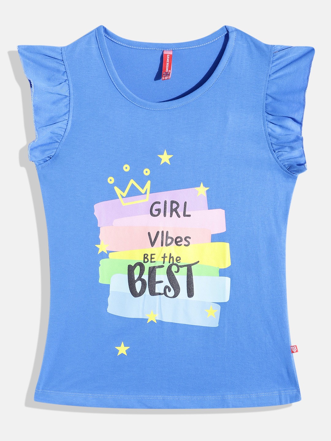 GAME BEGINS by Eteenz Girls Typography Printed Premium Cotton T-shirt, Blue