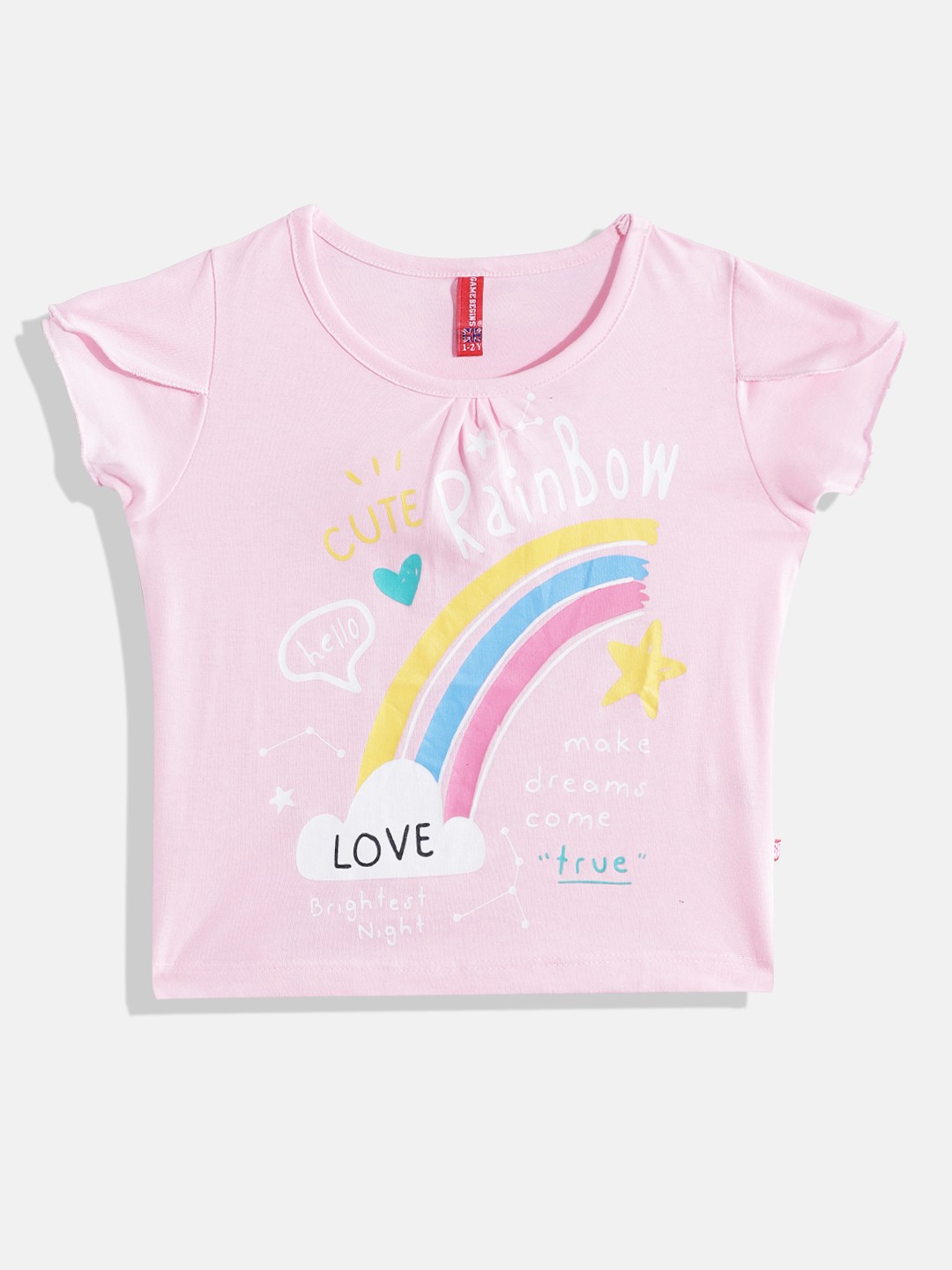

GAME BEGINS By Eteenz Girls Premium Cotton Printed Tulip Sleeves T-shirt, Pink