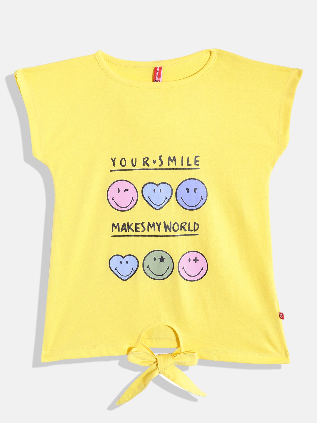 

GAME BEGINS By Eteenz Girls Printed Extended Sleeves Knot Detail Premium Cotton Top, Yellow
