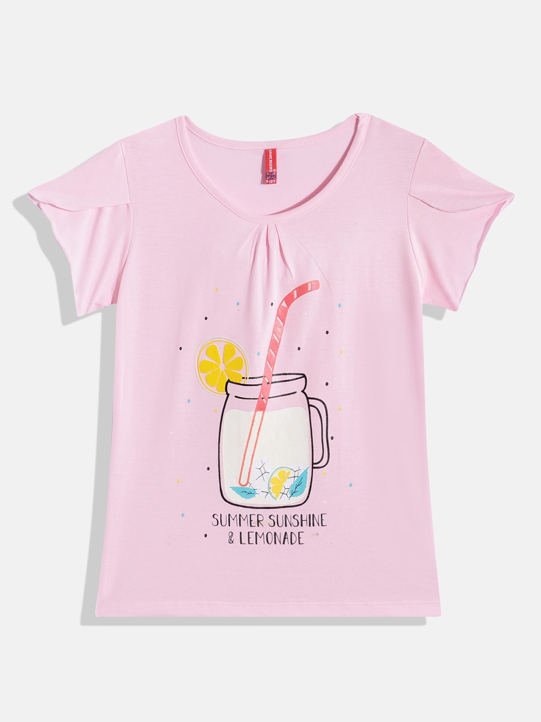 

GAME BEGINS By Eteenz Girls Graphic & Typography Printed Cotton Tulip Sleeves T-shirt, Pink