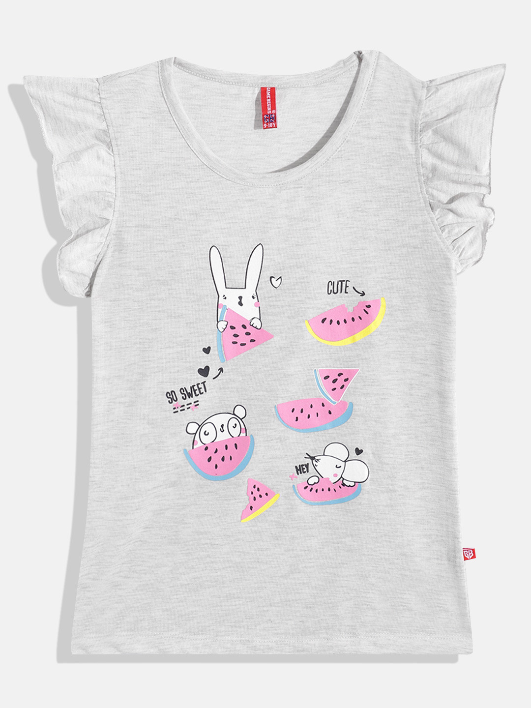 

GAME BEGINS By Eteenz Girls Graphic Printed Premium Cotton Flutter Sleeves T-shirt, Grey melange
