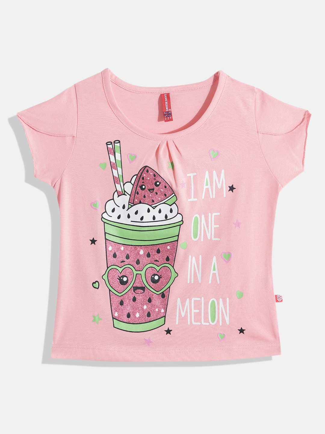 

GAME BEGINS By Eteenz Girls Printed Cotton Tulip Sleeves T-Shirt with Glittery Effect, Pink