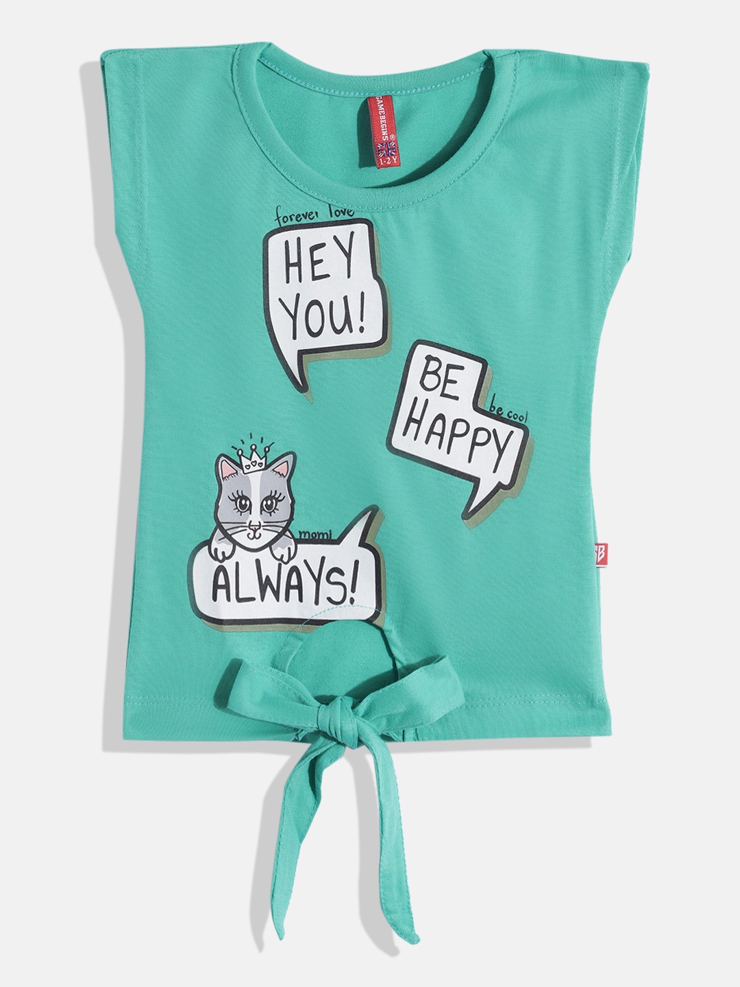 

GAME BEGINS By Eteenz Girls Printed Extended Sleeves Knot Detail Premium Cotton Top, Green