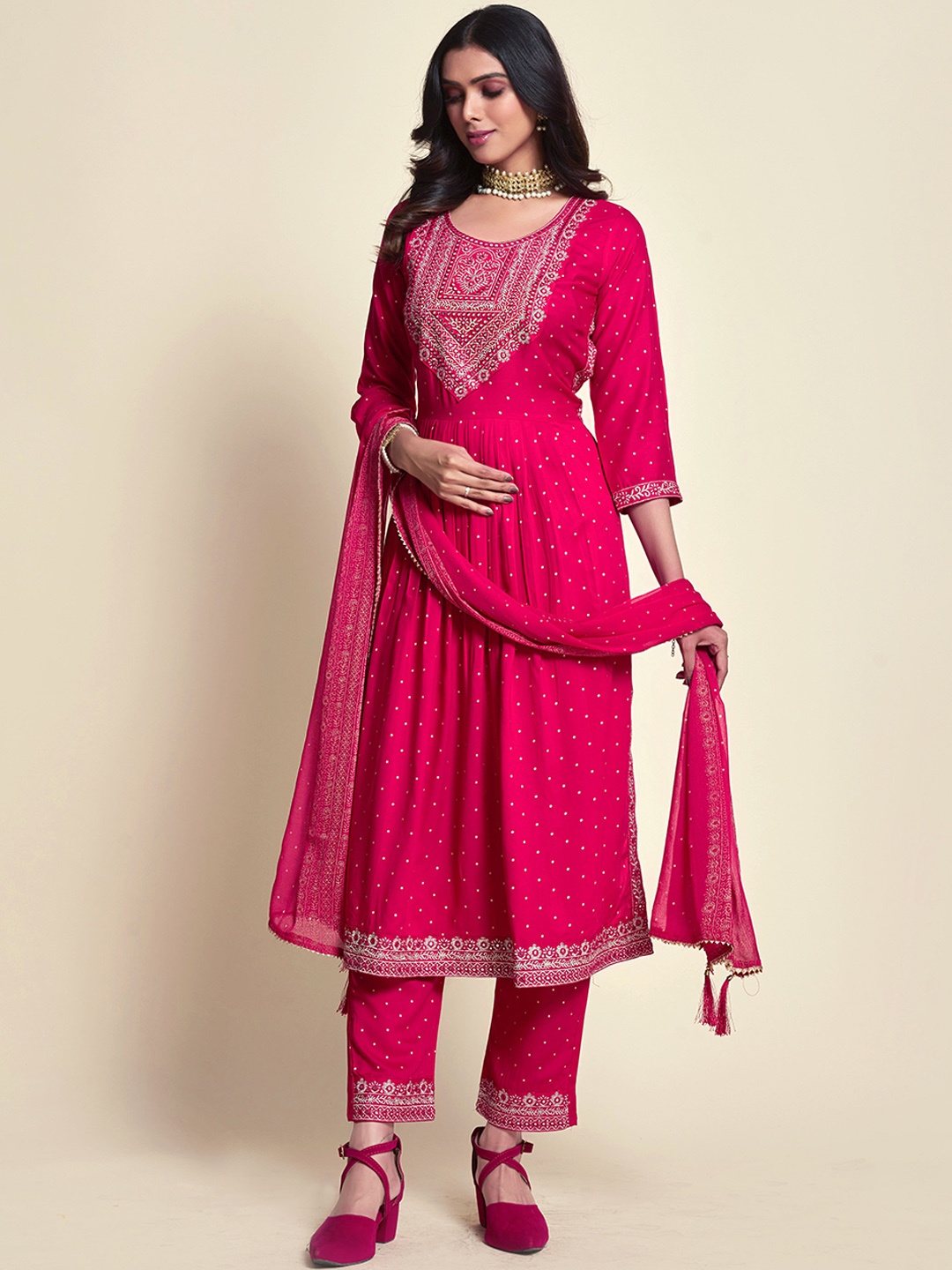 

Sangria Pink Ethnic Motifs Embroidered Kurta With Trouser & Dupatta