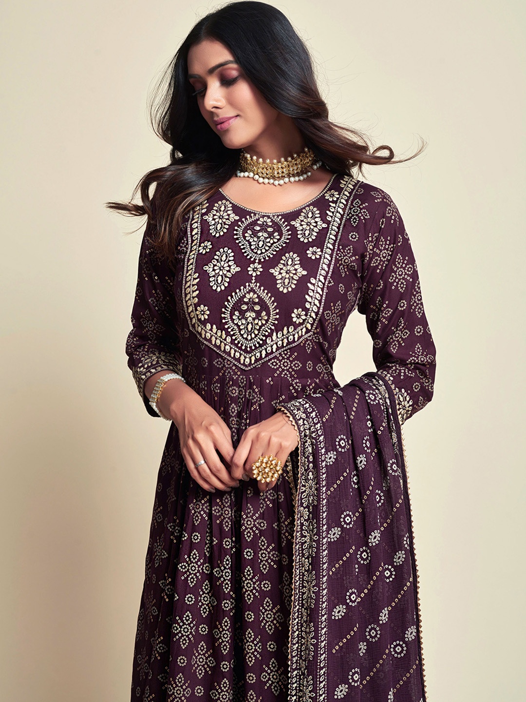 

Sangria Burgundy Bandhani Printed Kurta With Trouser & Dupatta