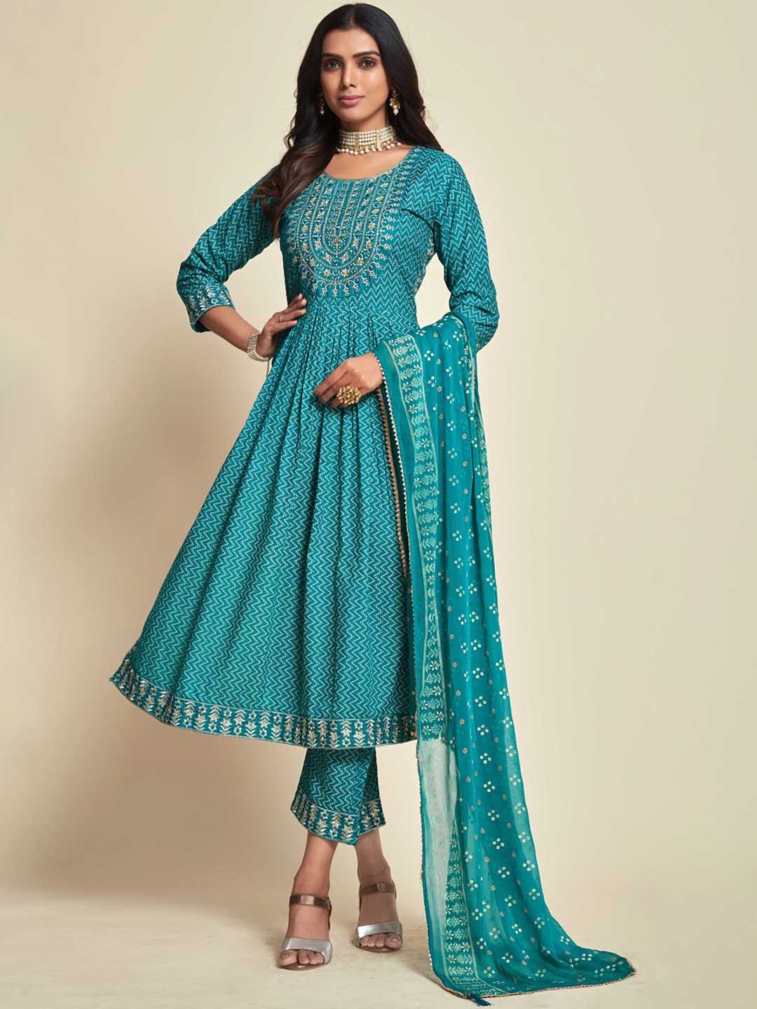 

Sangria Blue Printed Kurta With Trouser & Dupatta Set, Turquoise blue