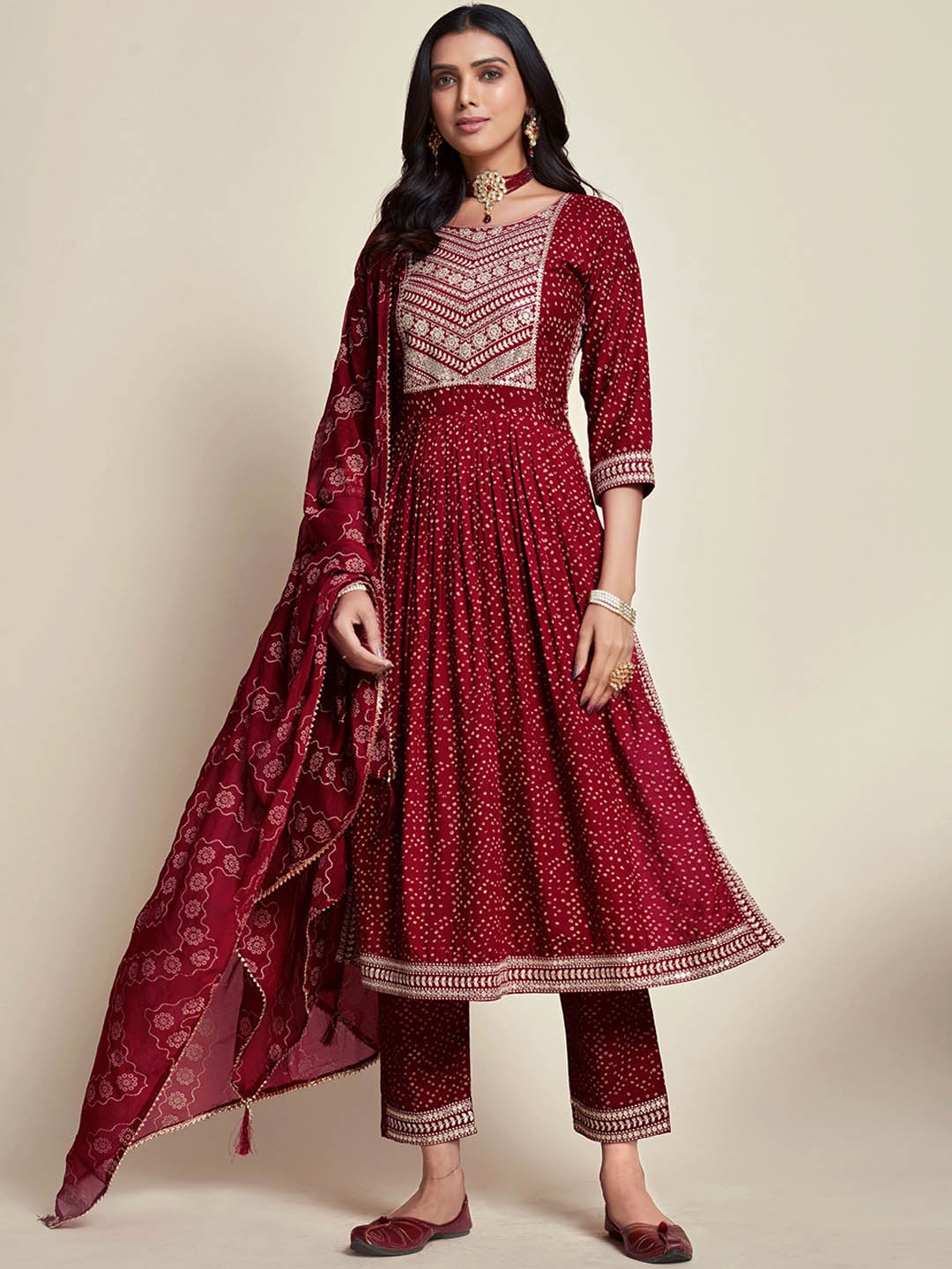 

Sangria Maroon Bandhani Printed Yoke Design Kurta With Trouser & Dupatta