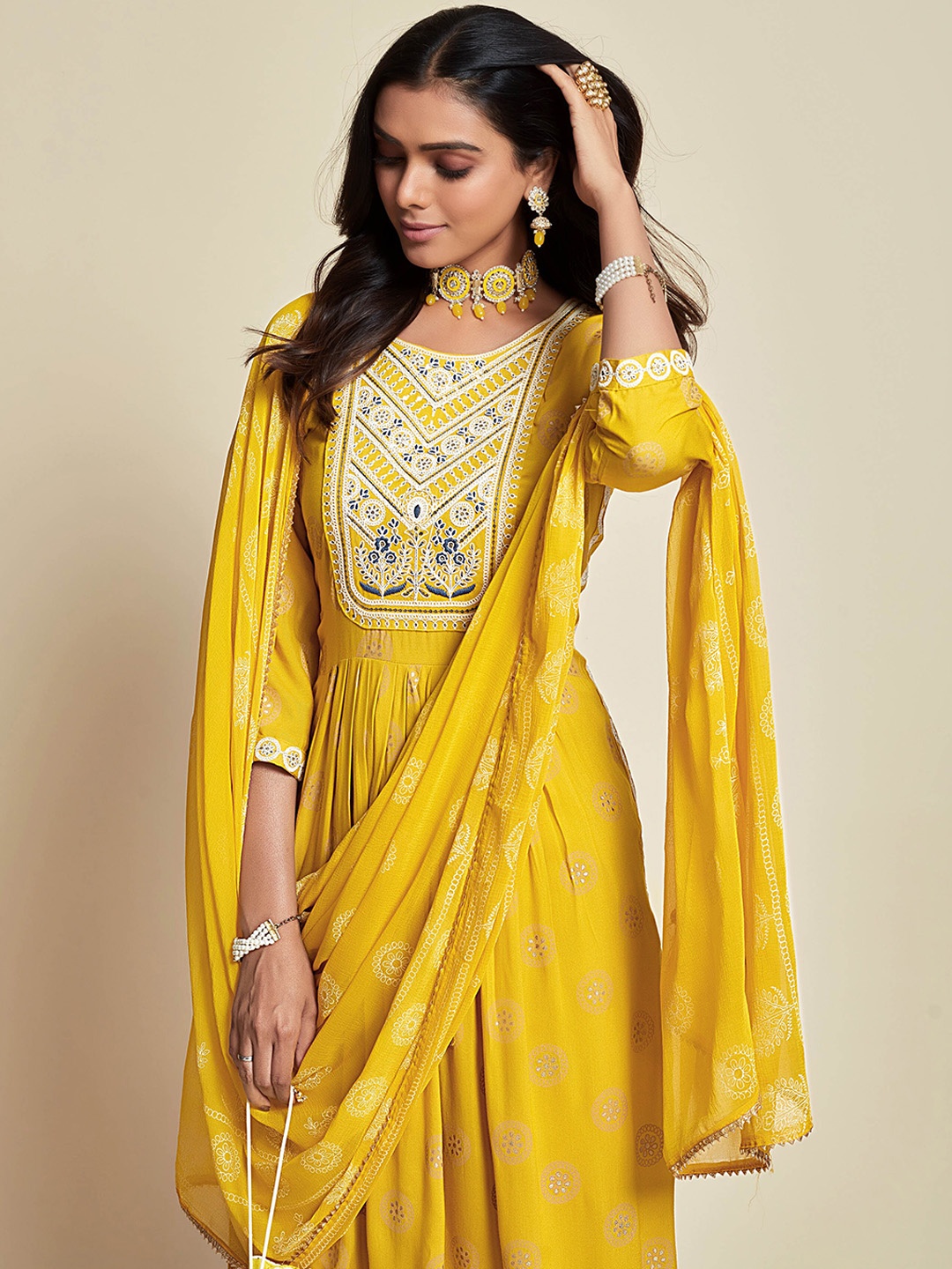 

Sangria Yellow Ethnic Motifs Printed Yoke-Design Kurta With Trouser & Dupatta