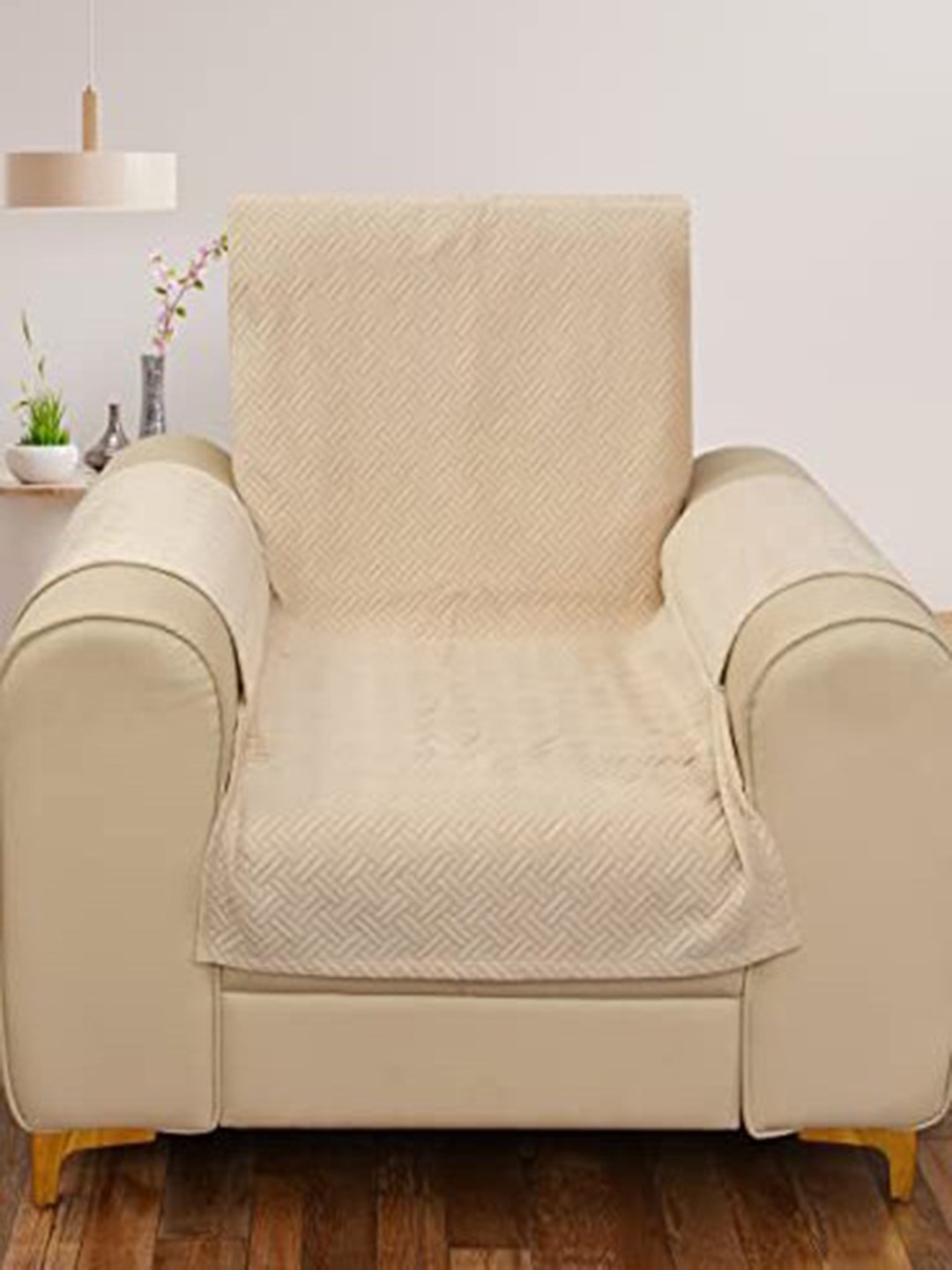 

HOUSE OF QUIRK Off-White Self Designed Velvet Single Seater Sofa Cover