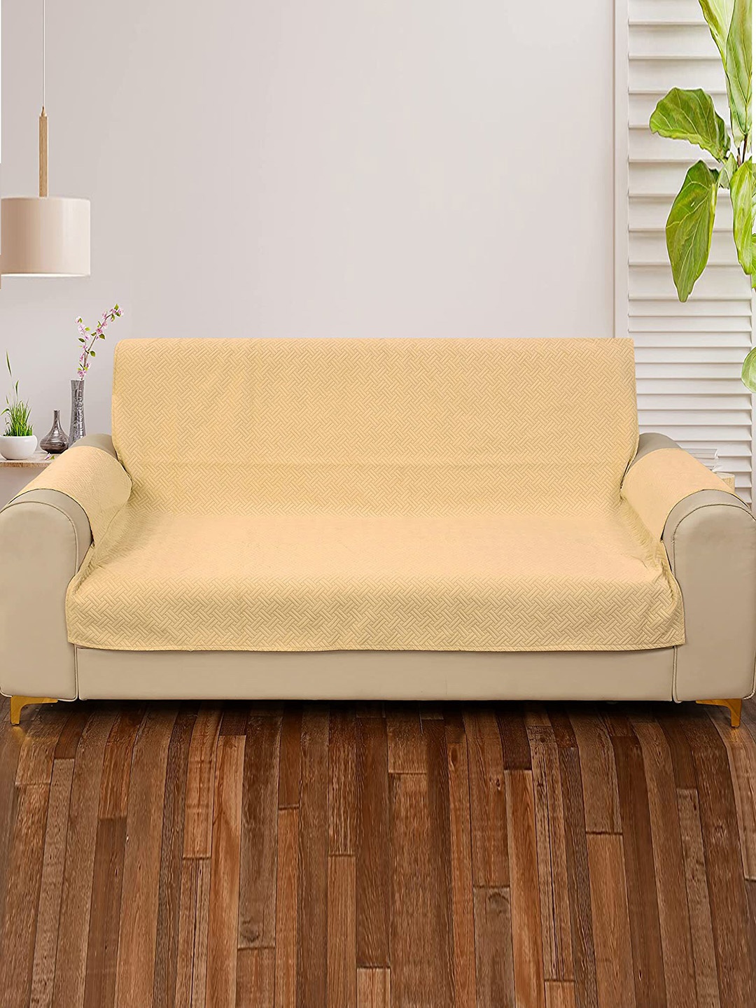 

HOUSE OF QUIRK Beige Self-Design 3-Seater Sofa Cover With Arms