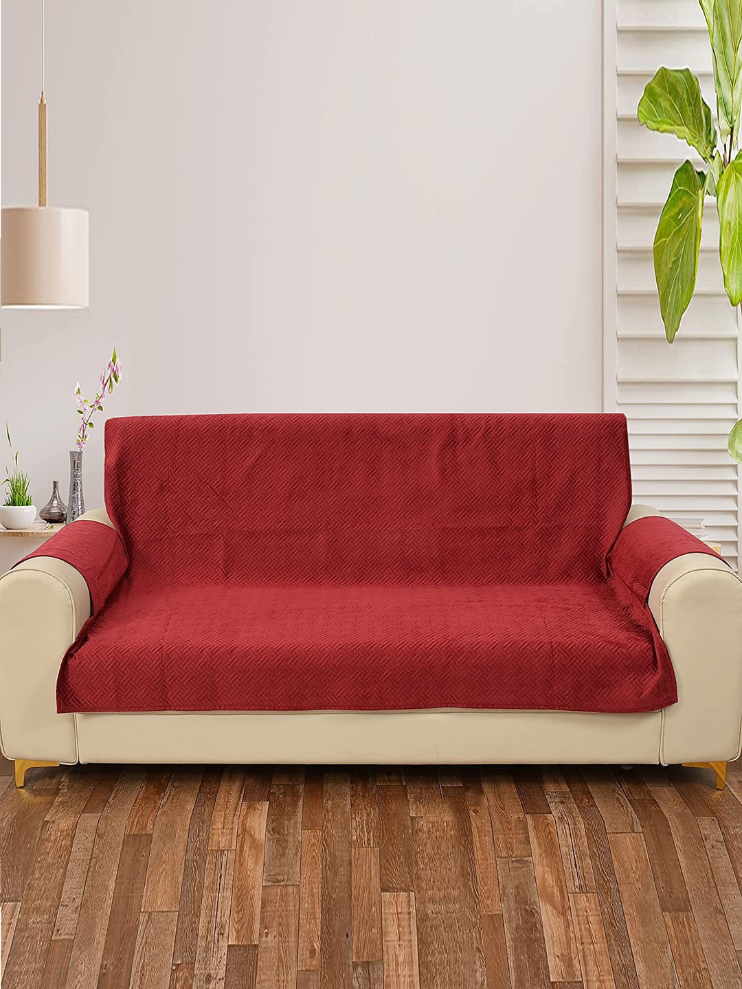 

HOUSE OF QUIRK Maroon Self-Design Triple Seater Sofa Cover