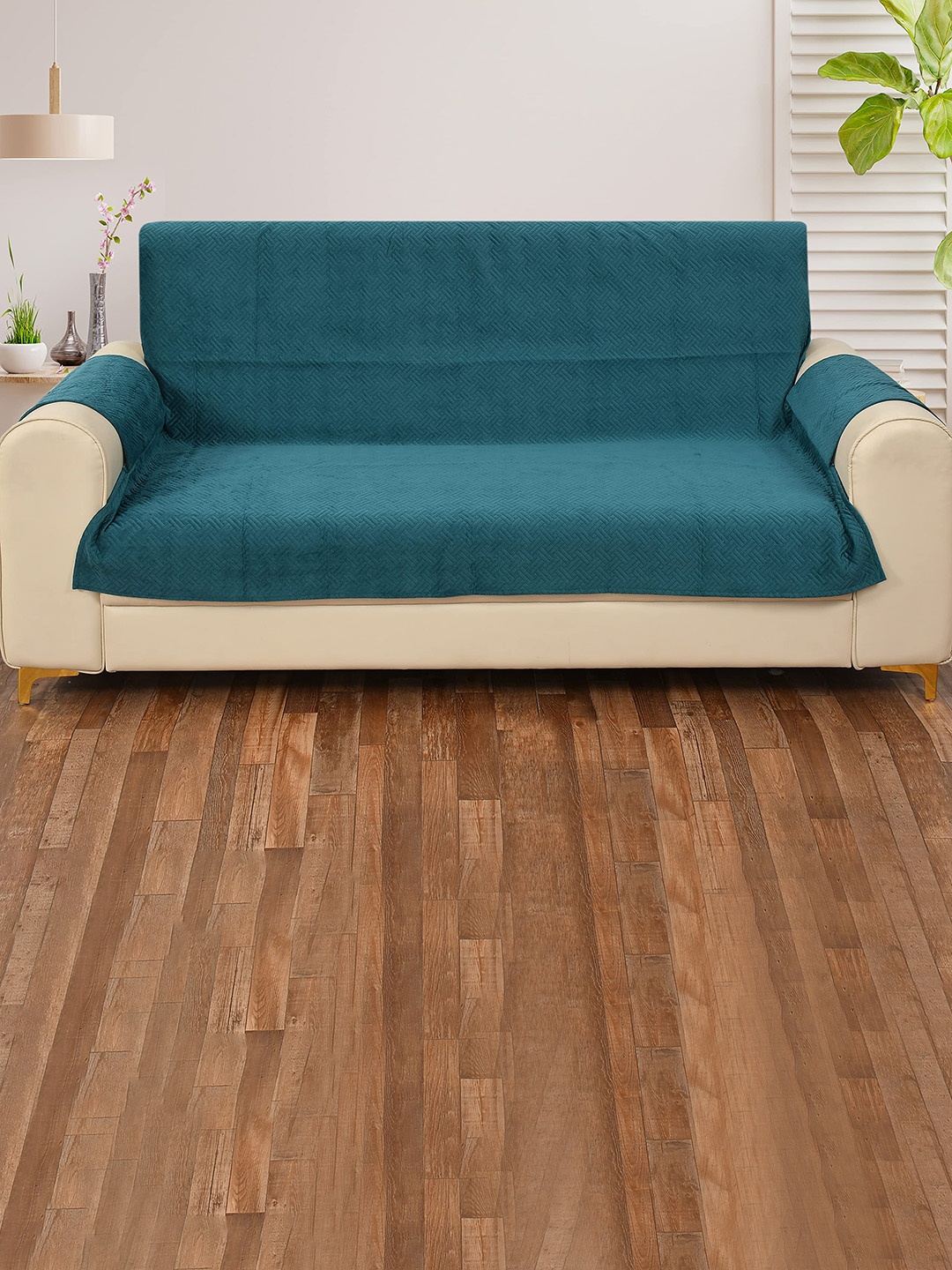 

HOUSE OF QUIRK Teal Blue Self-Design 4-Seater Sofa Cover With Arms