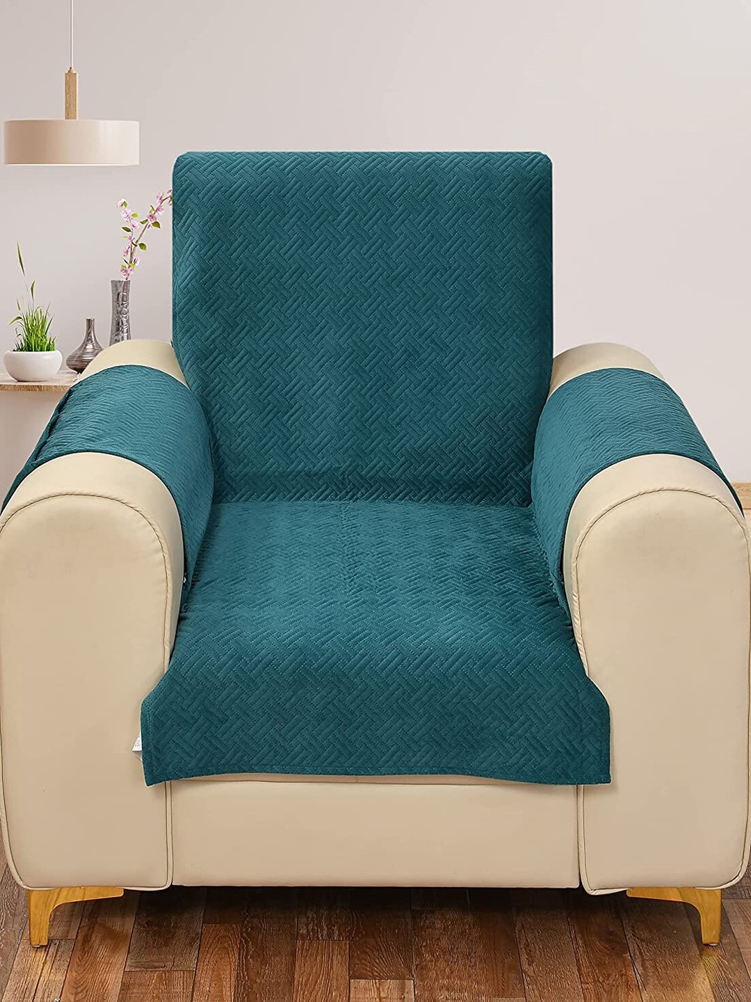 

HOUSE OF QUIRK Teal Green Self Designed Ultra Soft Velvet 1-Seater Sofa Cover