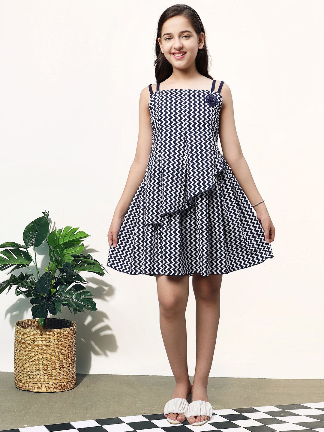 

White World Girls Chevron Printed Sleeveless Fit & Flare Dress, Navy blue