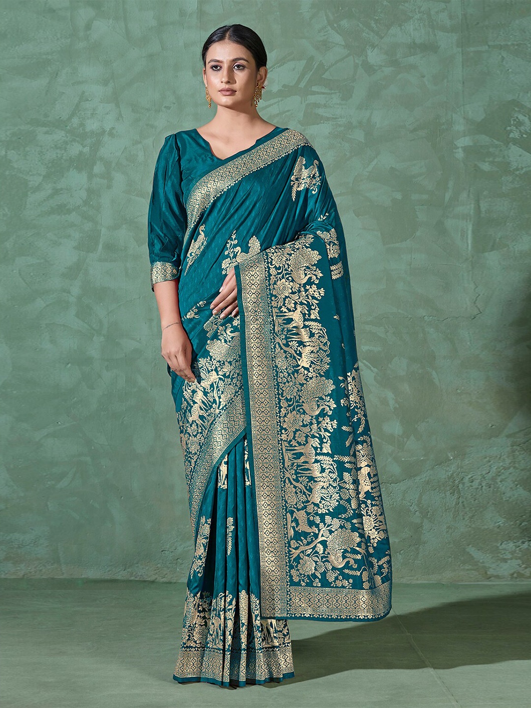 

MONJOLIKA FASHION Ethnic Motifs Woven Design Zari Banarasi Saree, Teal