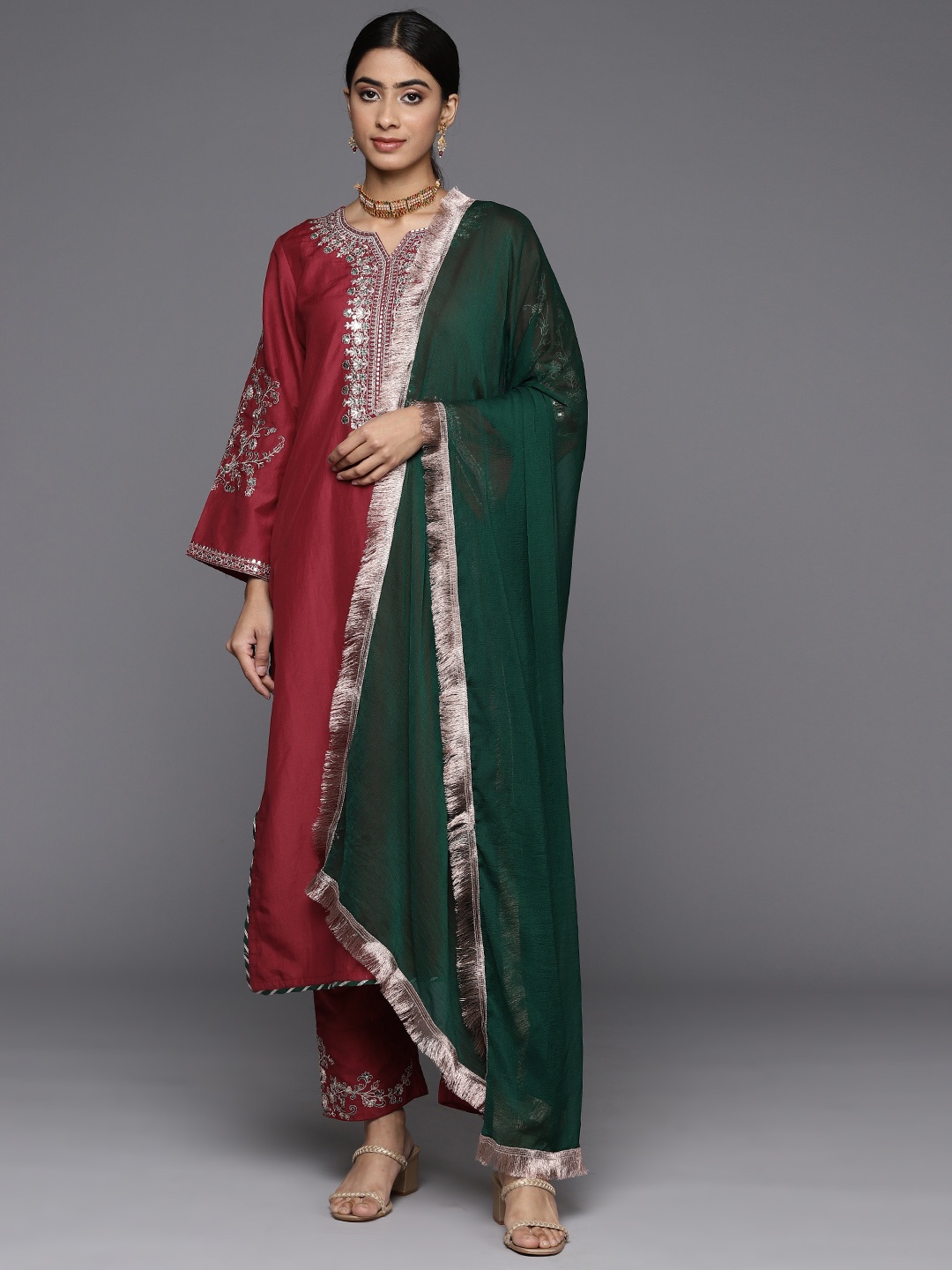 

Varanga Women Floral Zari Embroidered Kurta with Trousers and Dupatta, Maroon