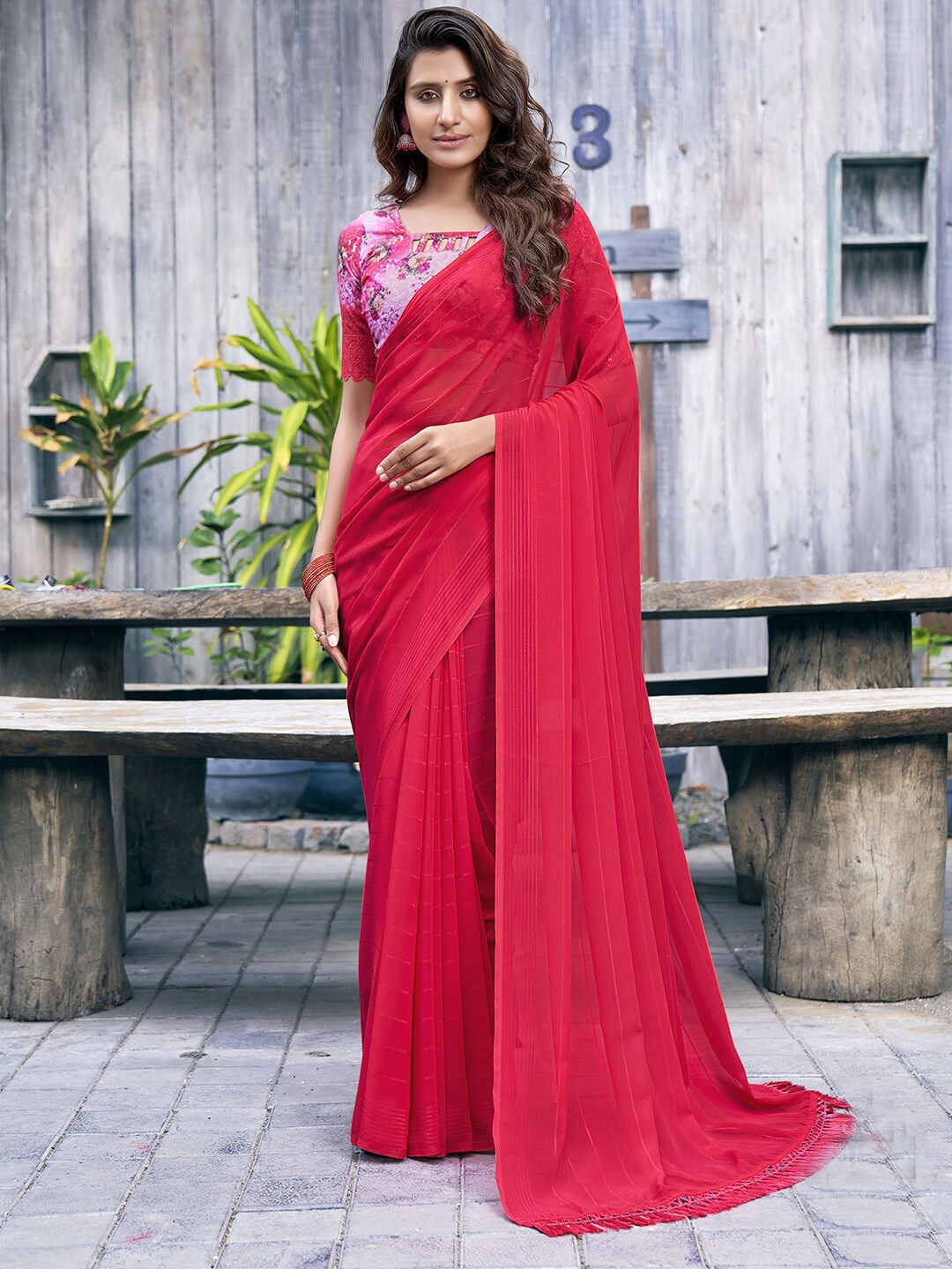 

Mitera Pink & White Striped Poly Georgette Saree