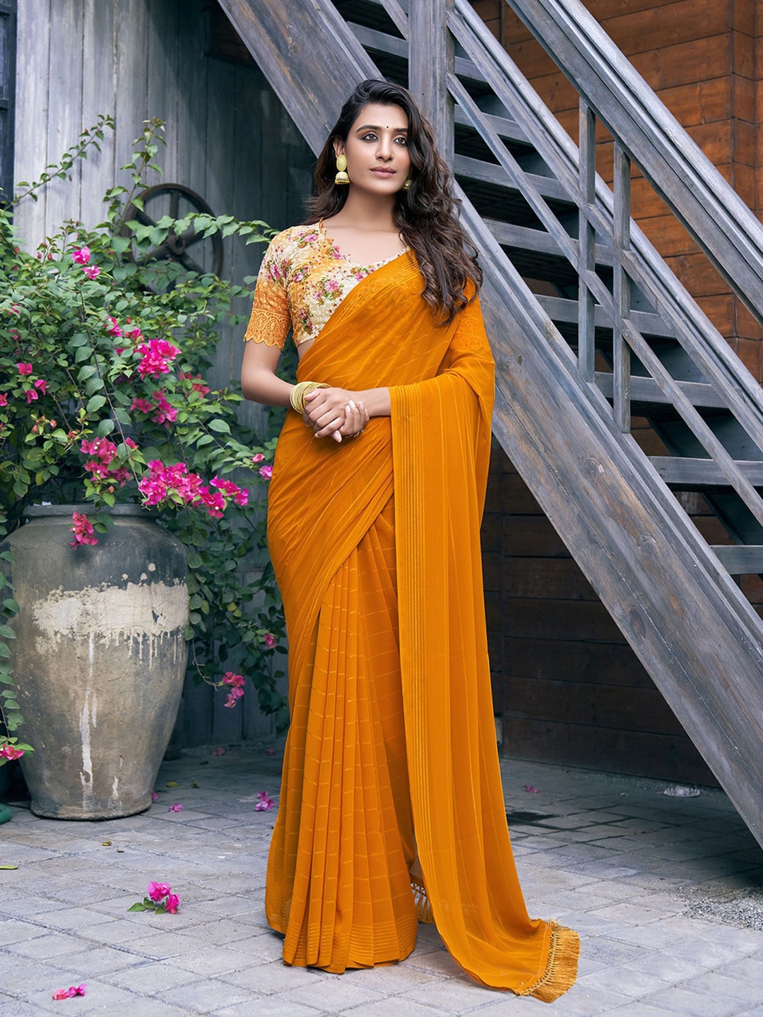 

Mitera Mustard Yellow Striped Poly Georgette Saree