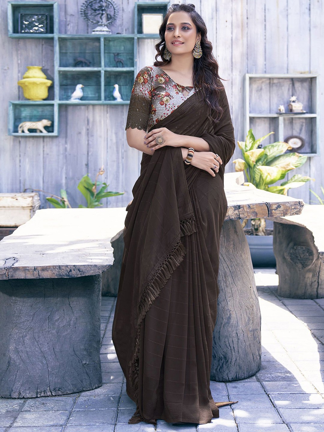 

Mitera Brown Striped Poly Georgette Saree