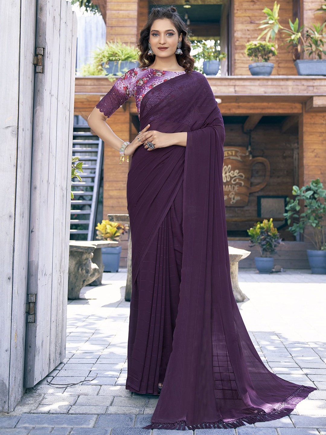 

Mitera Purple & Green Striped Poly Georgette Saree