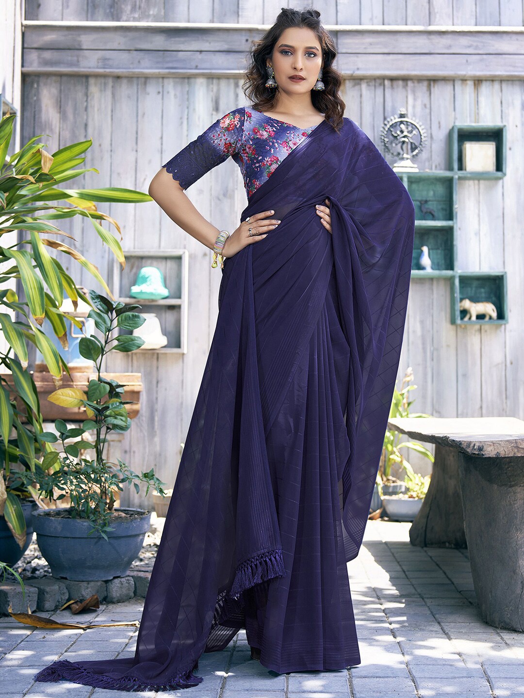 

Mitera Blue Striped Poly Georgette Saree