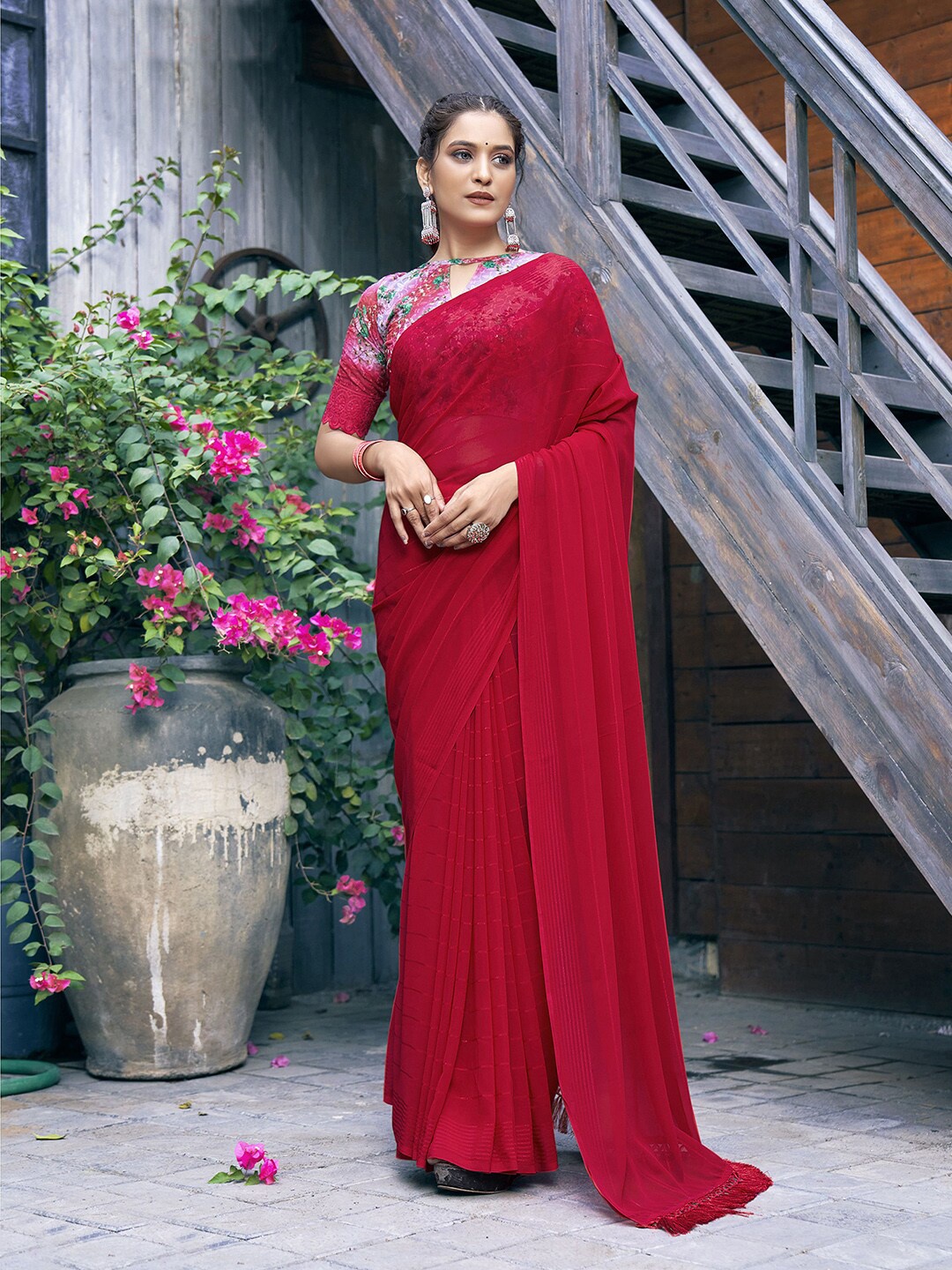 

Mitera Red Striped Poly Georgette Saree