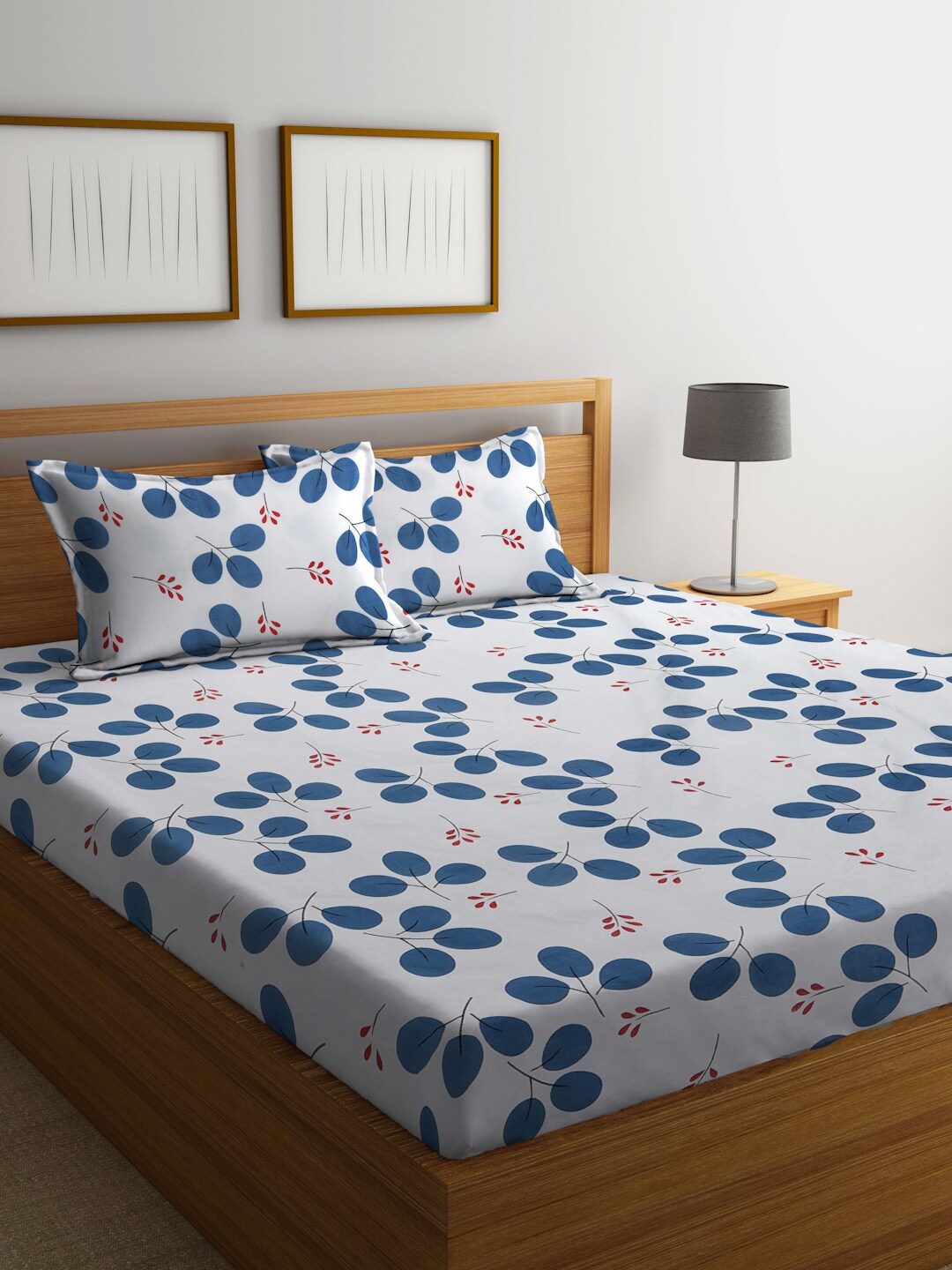 

KLOTTHE White & Blue Floral Printed 300 TC Fitted King Bedsheet With 2 Pillow Covers