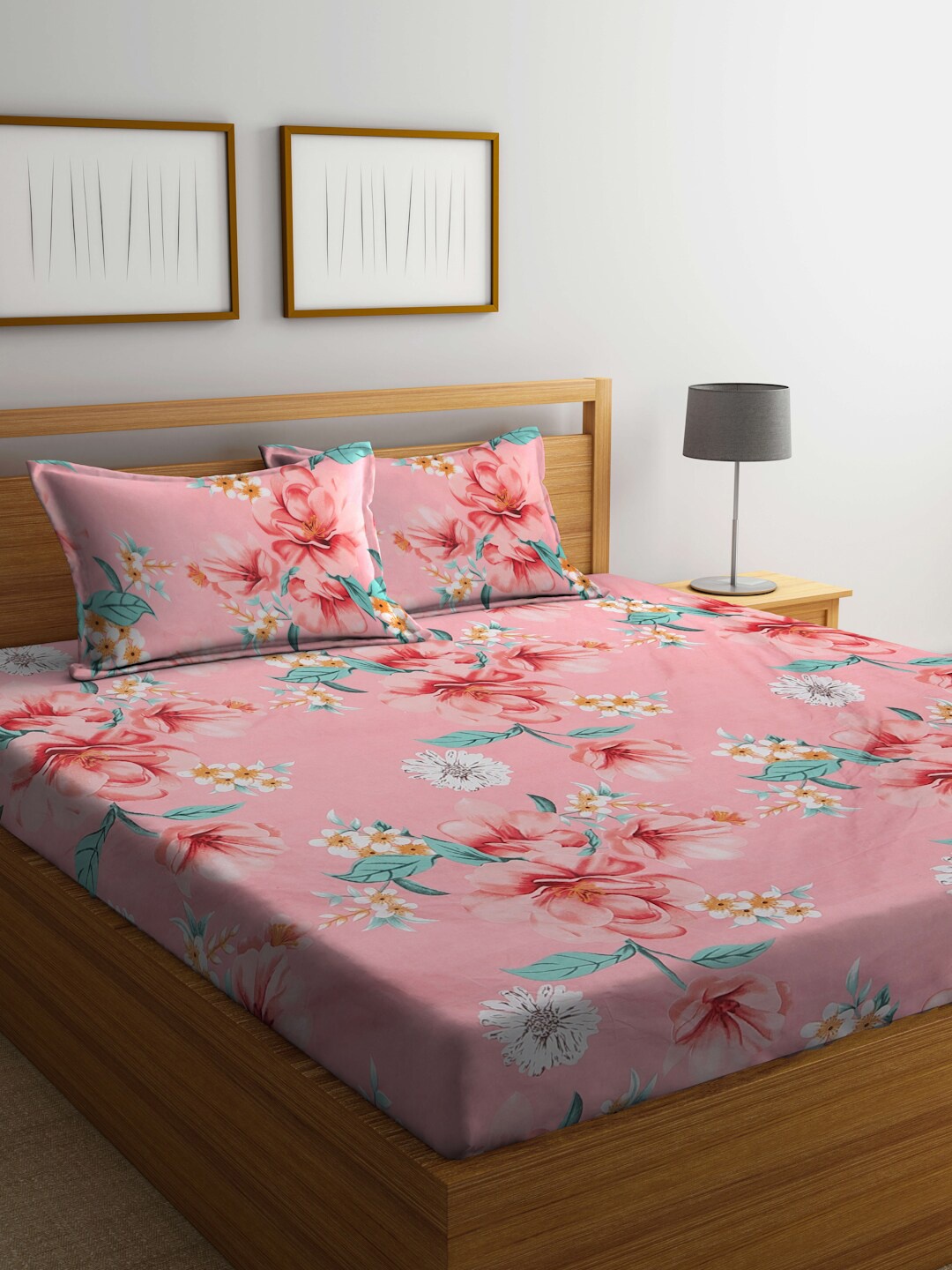 

KLOTTHE Pink & Green Floral Printed 300TC Fitted Double King Bedsheet With 2 Pillow Covers