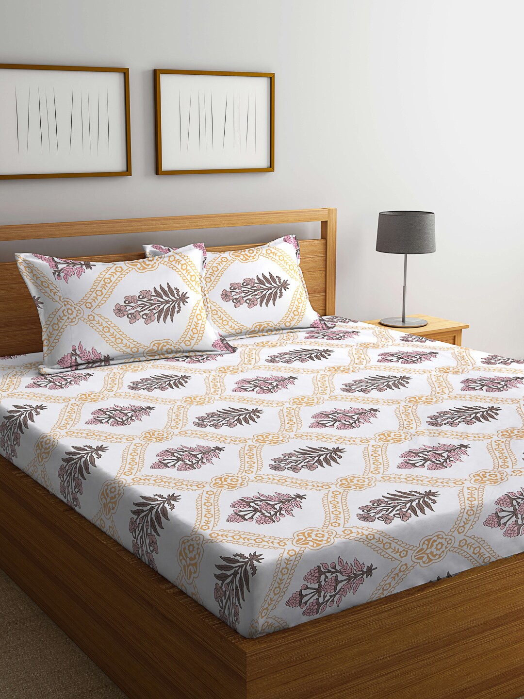 

KLOTTHE White & Yellow Ethnic Motif 300TC Fitted Double King Bedsheet With 2 Pillow Covers