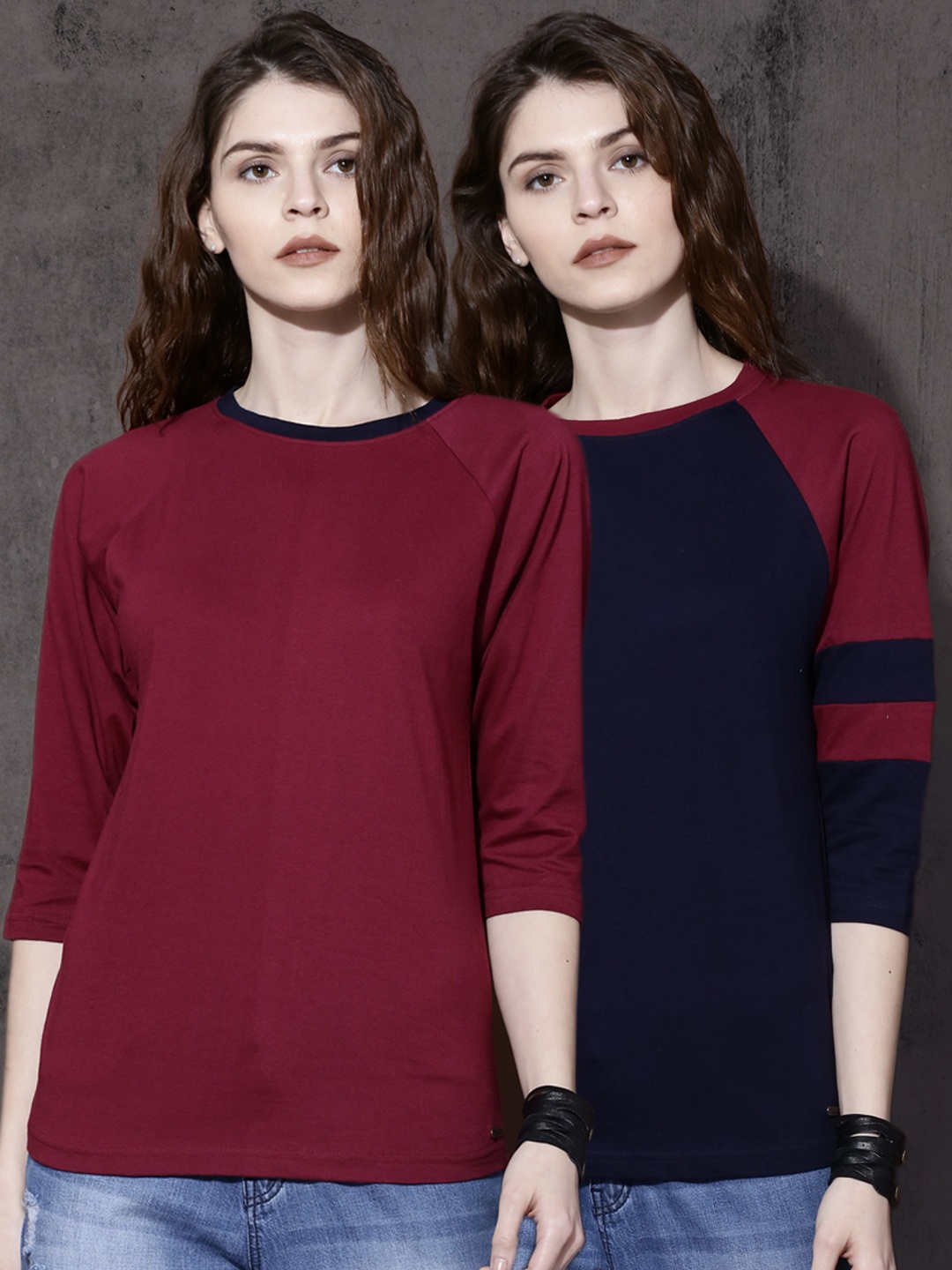 

Roadster Women Pack of Two Solid Round Neck T-shirts, Burgundy