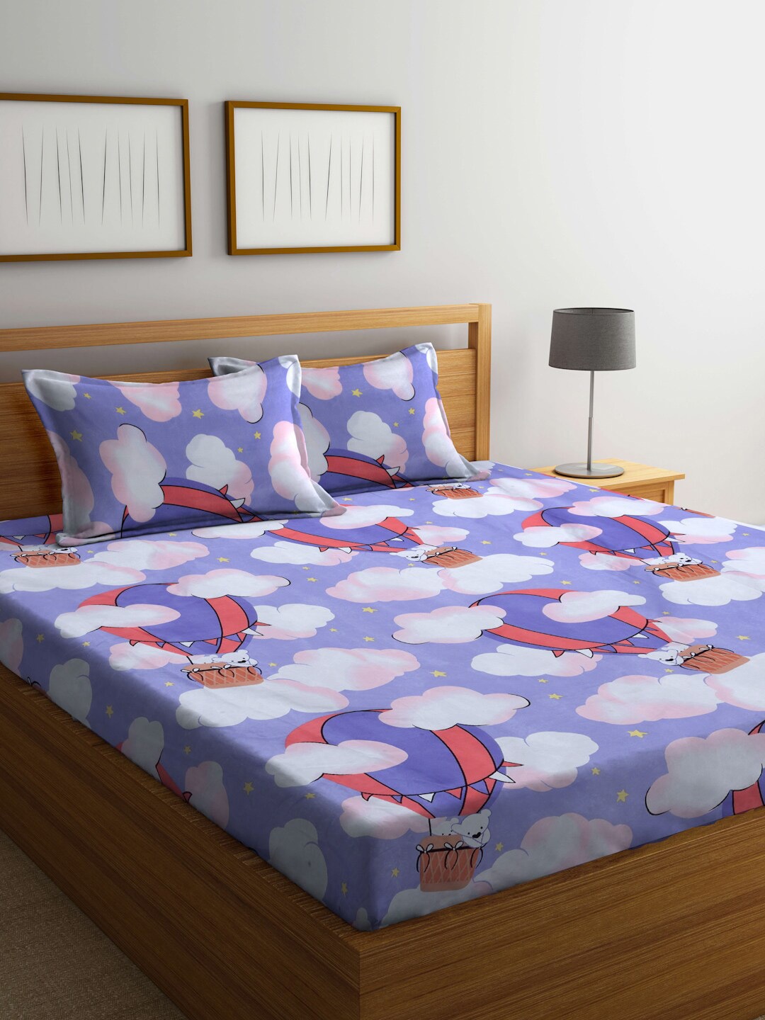 

KLOTTHE Purple & White Printed 300TC Fitted King Bedsheet With Pillow Cover, Multi