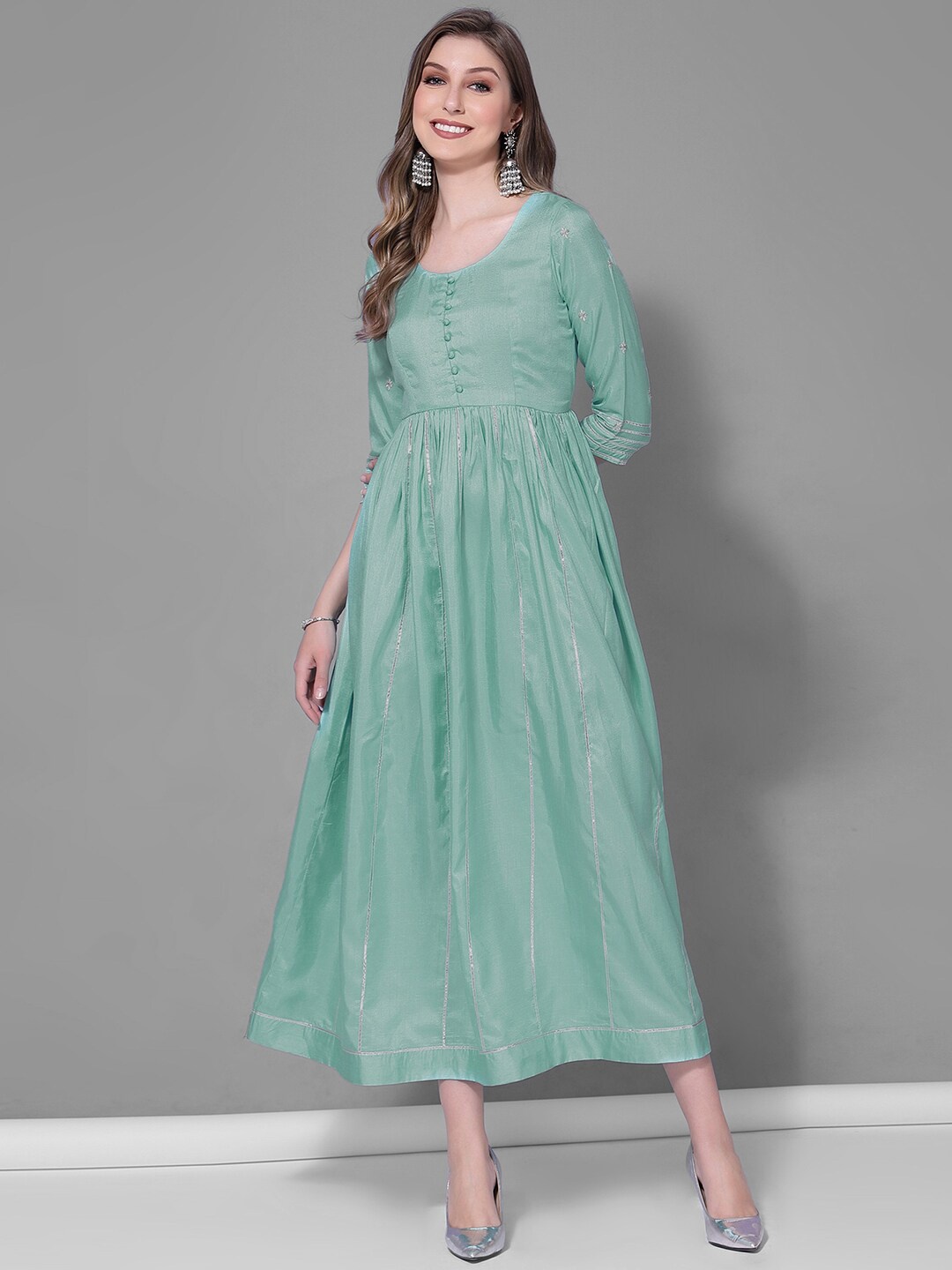 

KALINI Round Neck Zari Cotton Silk Anarkali Kurta, Turquoise blue