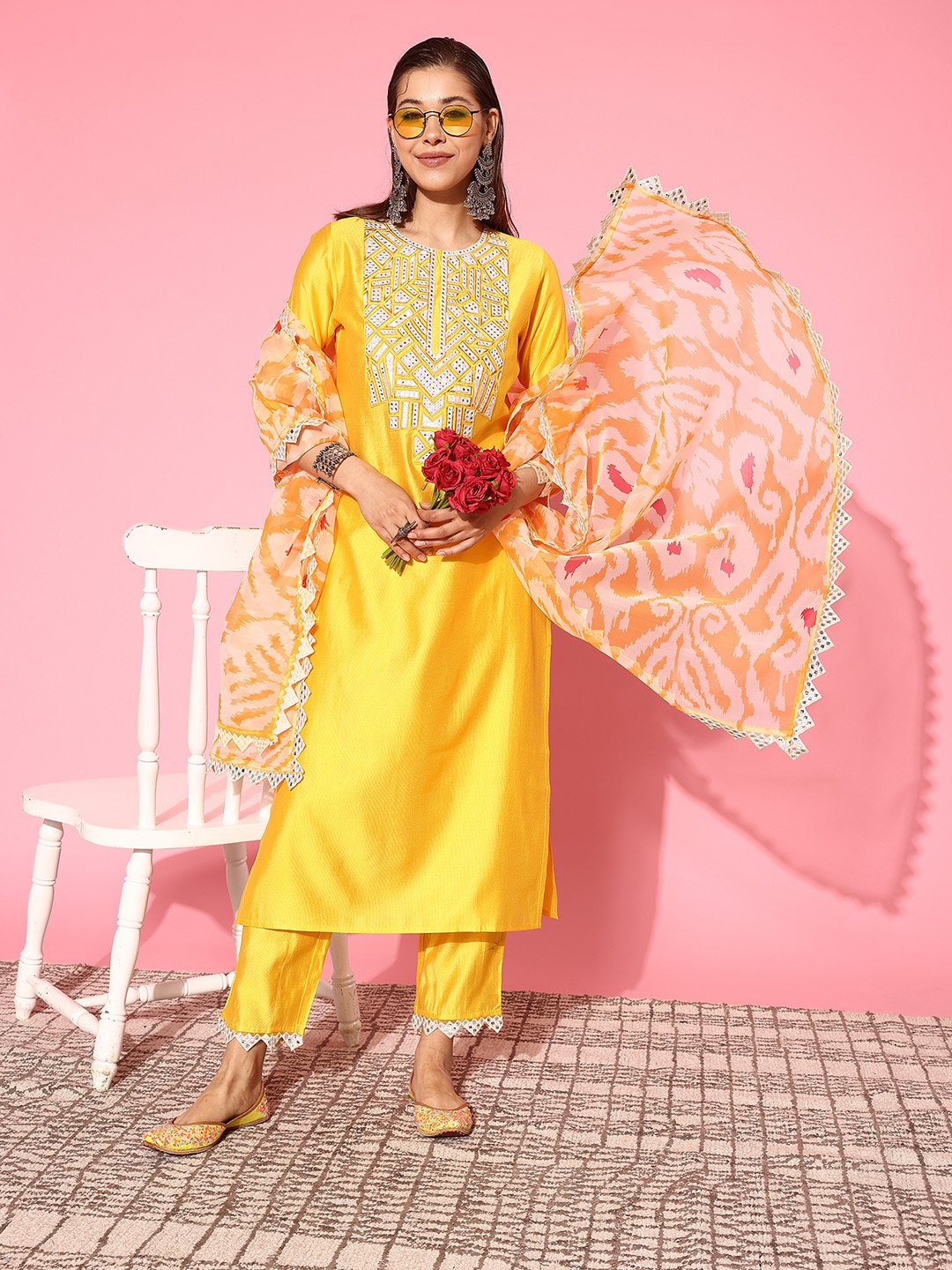 

Indo Era Women Embroidered Regular Mirror Work Liva Kurta with Trousers & With Dupatta, Yellow