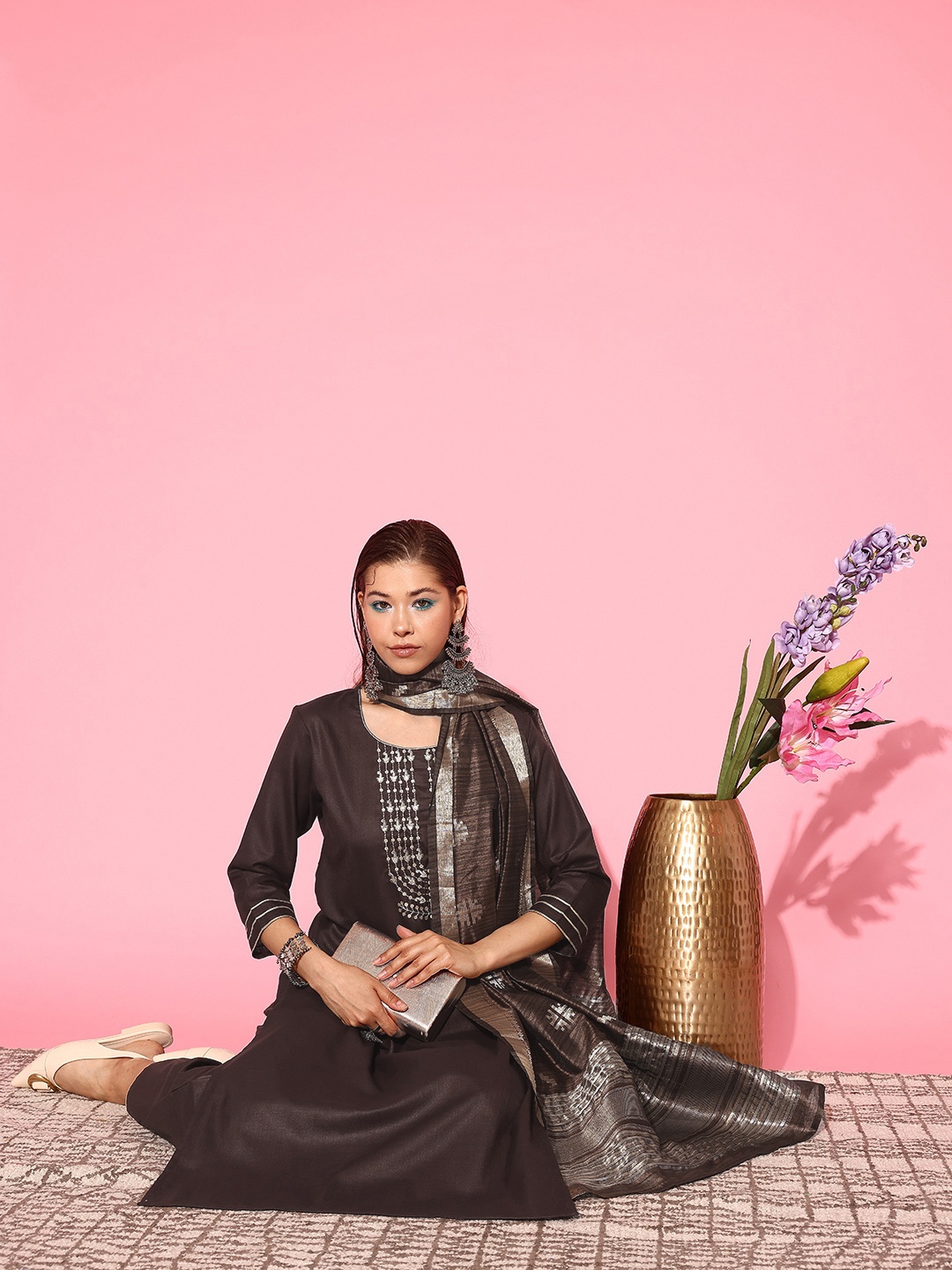 

Indo Era Women Ethnic Motifs Embroidered Regular Kurta with Palazzos & With Dupatta, Brown