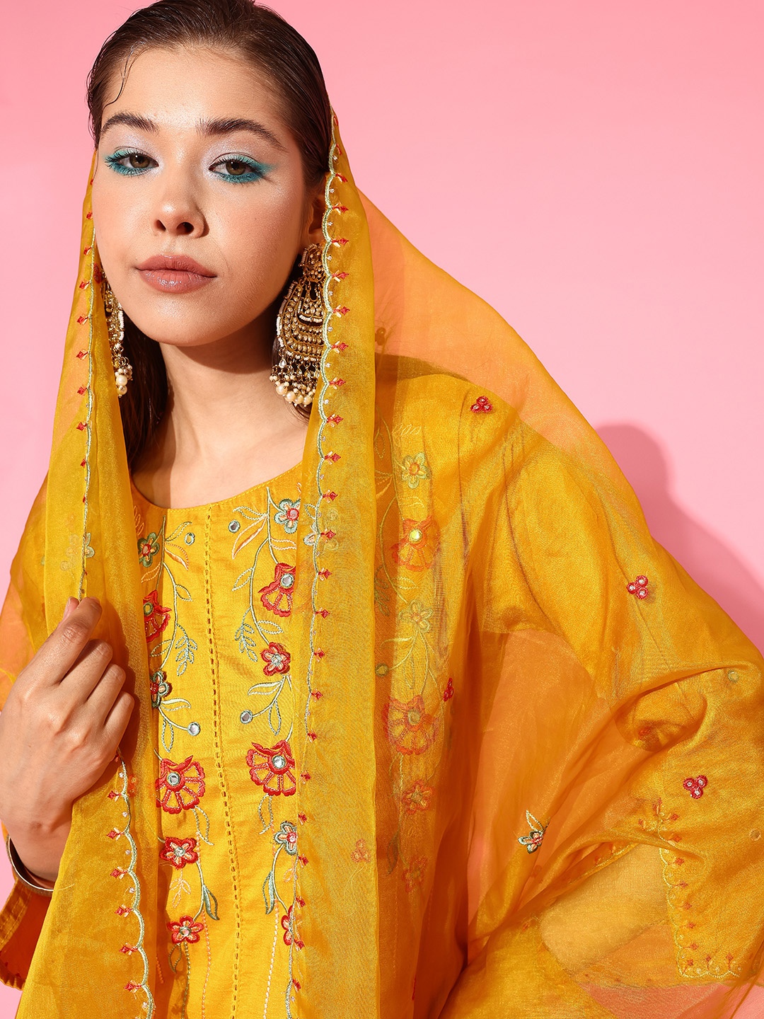 

Indo Era Women Floral Embroidered Regular Mirror Work Kurta with Trousers & With Dupatta, Yellow
