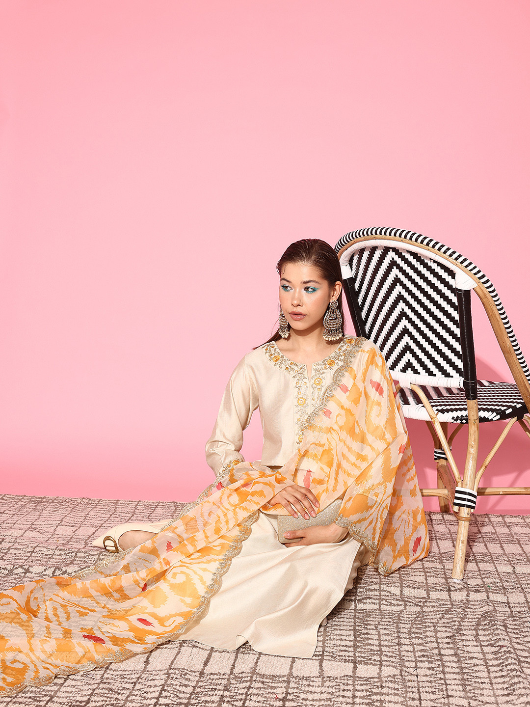 

Indo Era Women Floral Embroidered Sequinned Liva Kurta with Trousers & With Dupatta, White