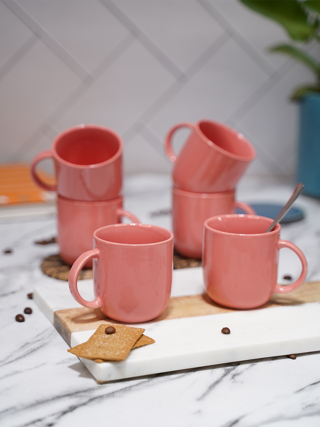 

LIVING ROOTS Peach-Coloured 6 Pieces Ceramic Glossy Cups-200ml each
