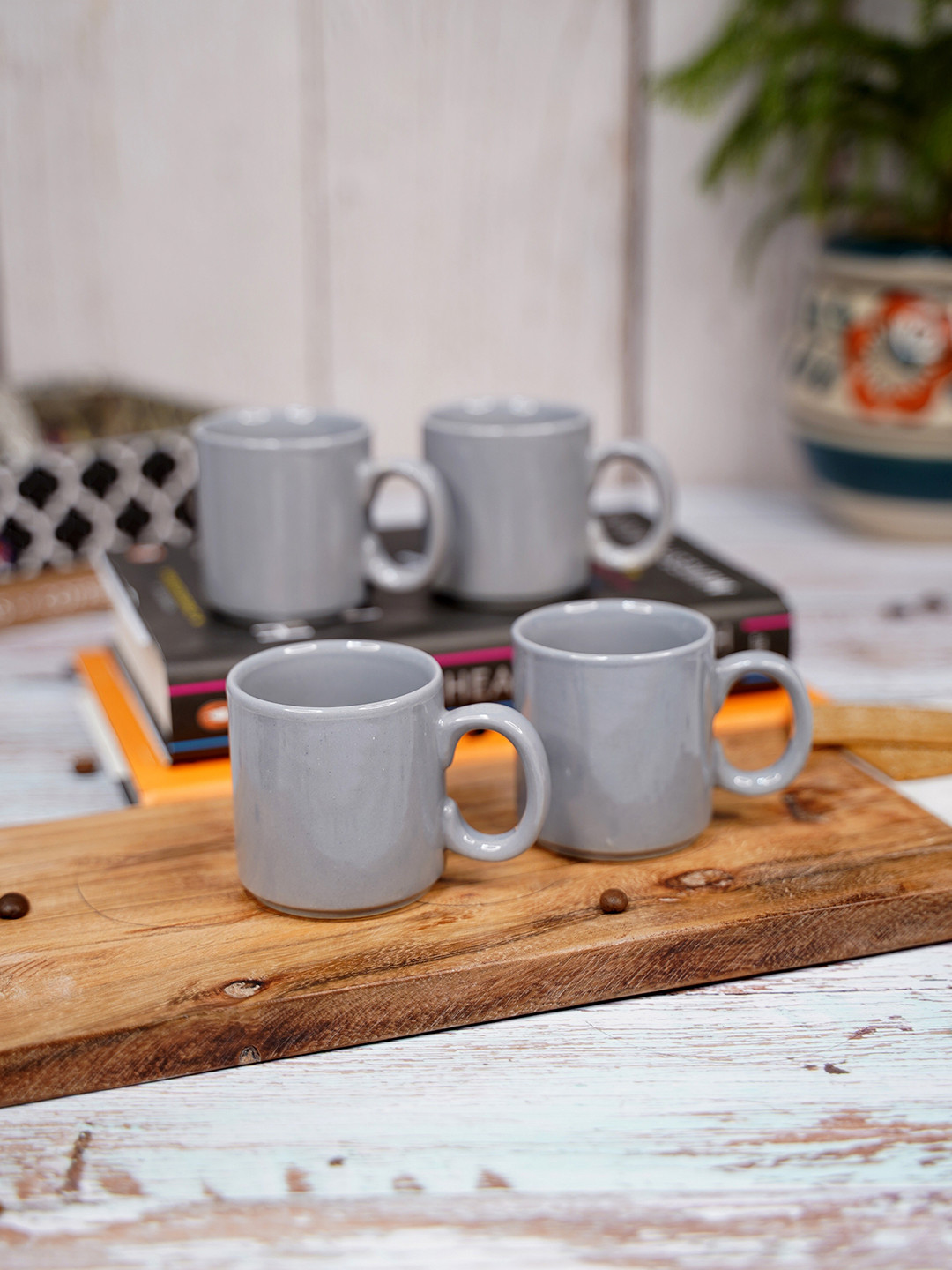 

LIVING ROOTS Grey 4 Pieces Ceramic Glossy Cups-110ml each