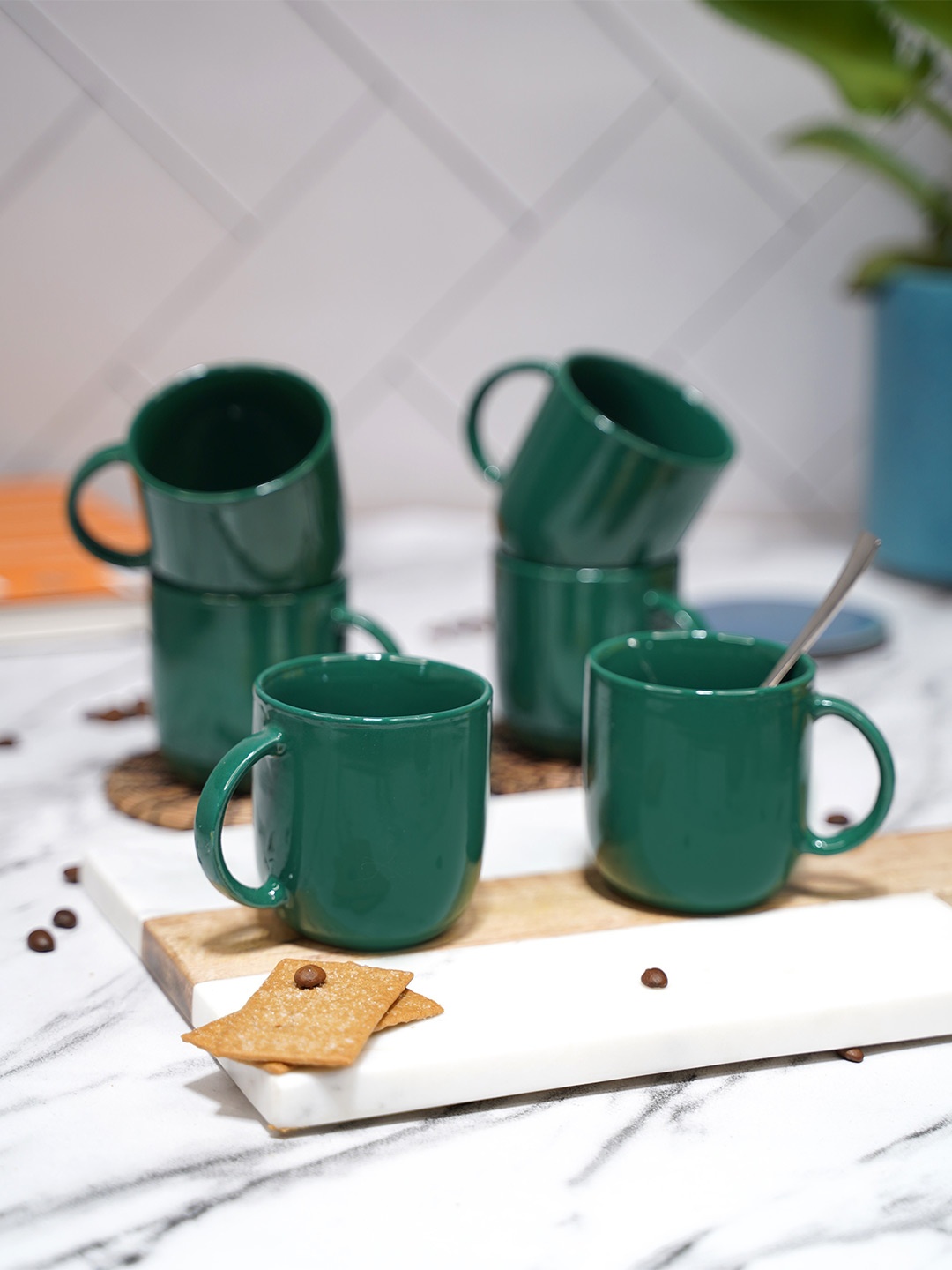 

LIVING ROOTS Green 6 Pieces Ceramic Glossy Coffee Cups 200 ml Each