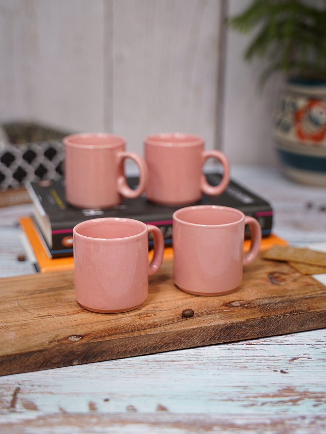 

LIVING ROOTS 4 Pieces Pink Solid Ceramic Glossy Cups - 110 ml each