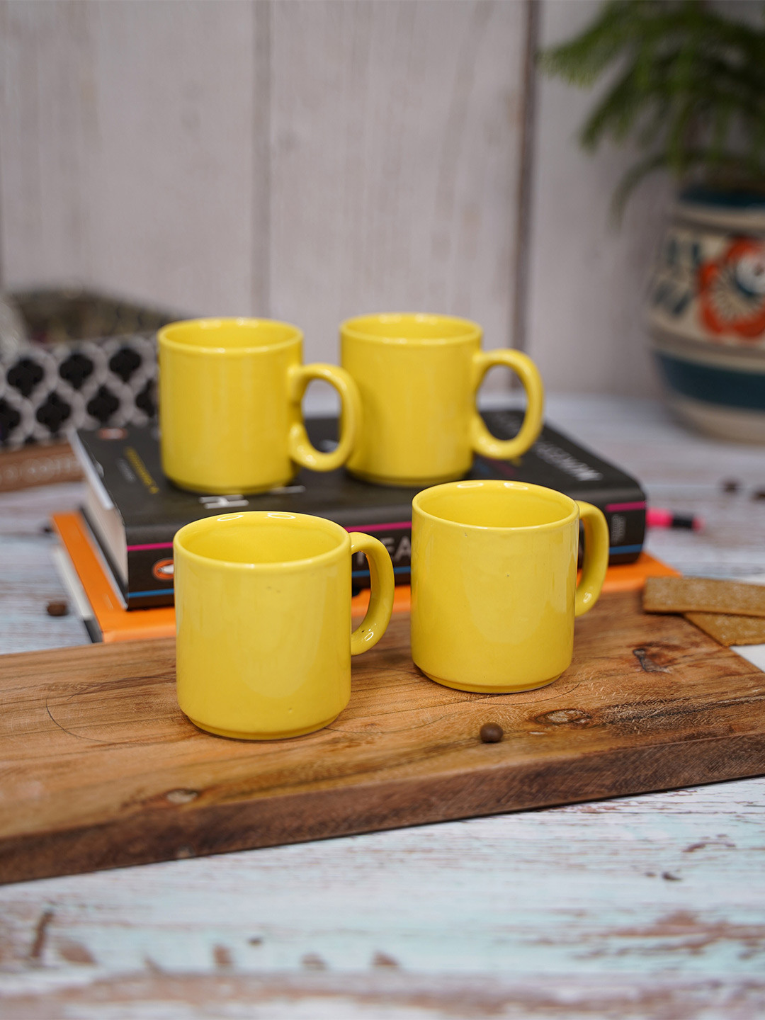 

LIVING ROOTS Yellow 4 Pieces Ceramic Glossy Cups-110ml each