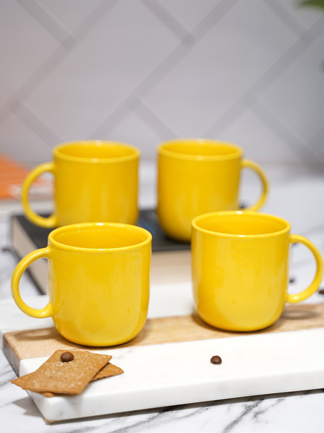 

LIVING ROOTS Yellow 4 Pieces Ceramic Glossy Cups-200ml each