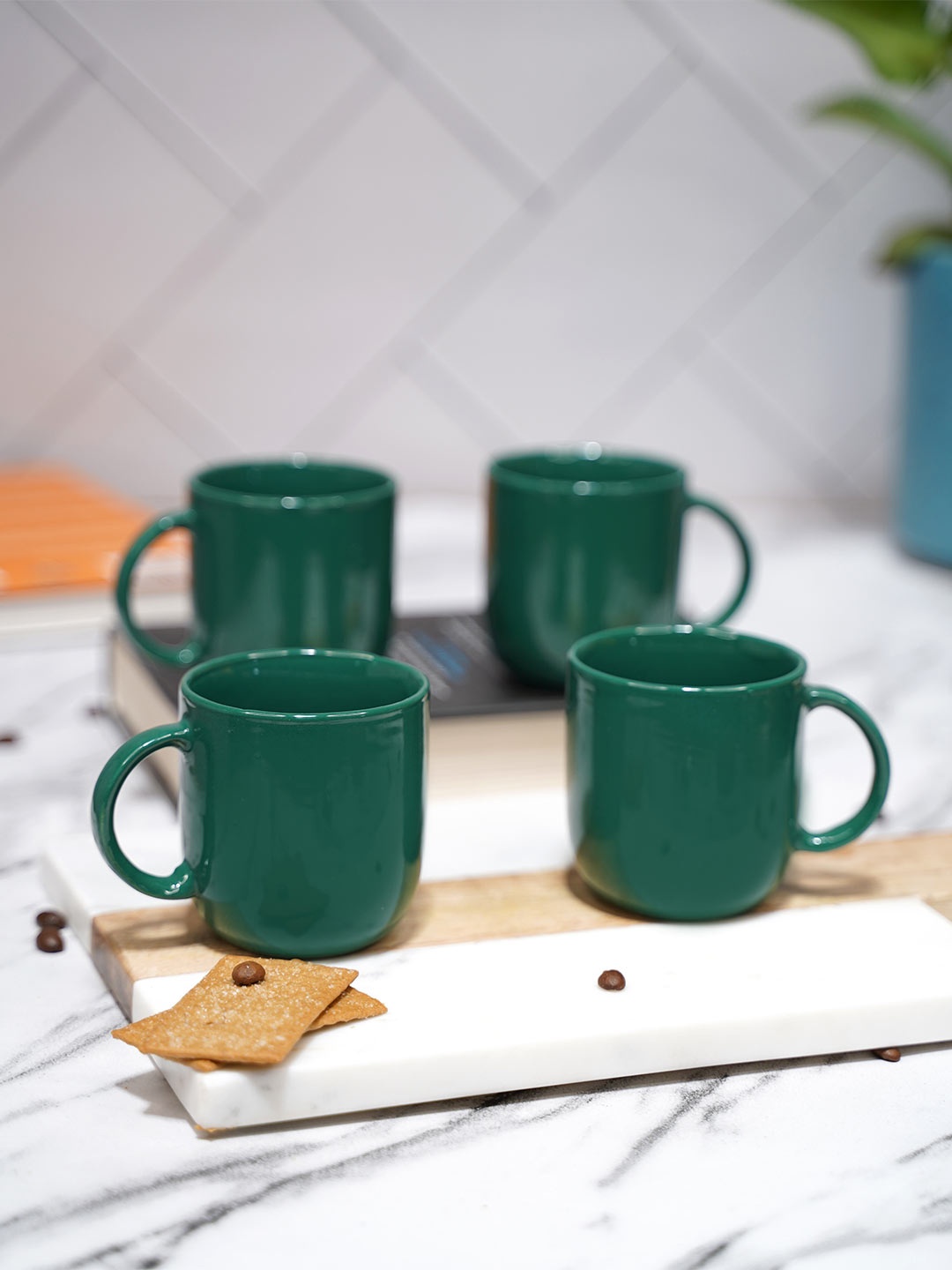 

LIVING ROOTS 4 Pieces Green Solid Ceramic Glossy Cups - 200 ml each