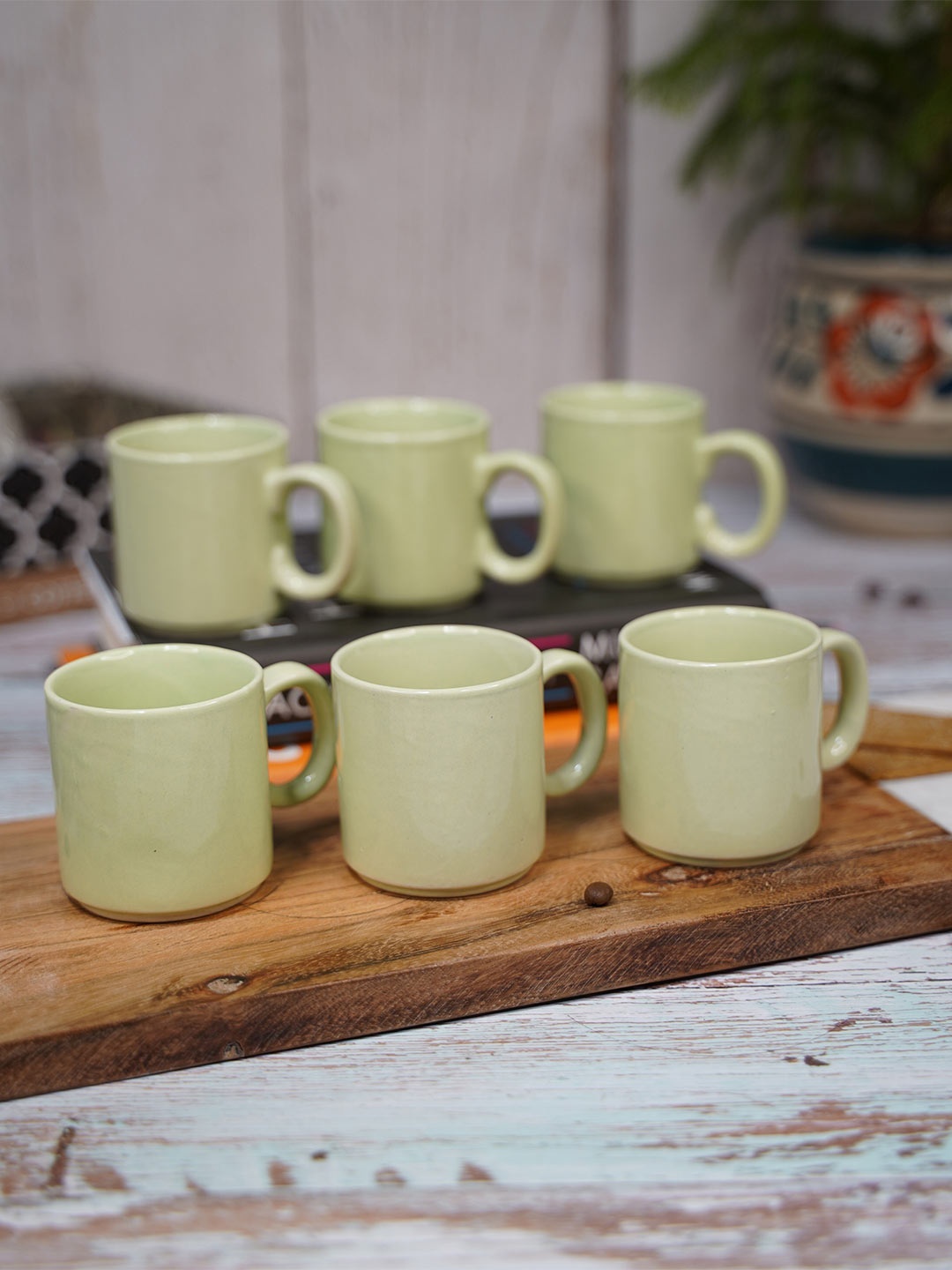 

LIVING ROOTS 6 Pieces Green Solid Ceramic Glossy Cups - 110 ML Each